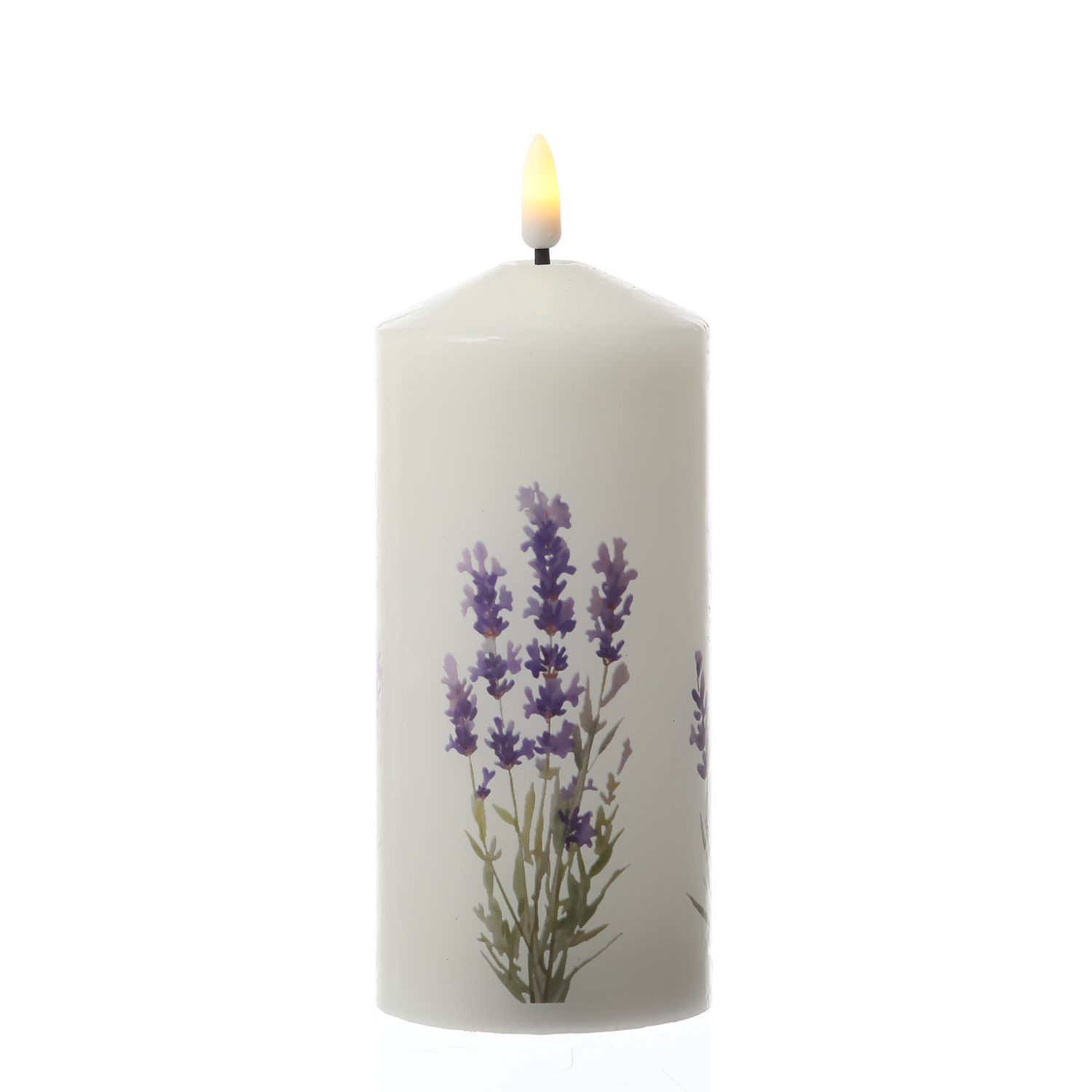LED Kerze mit Lavendel Motiv - Echtwachs - H: 18,5cm - D: 7cm - Batteriebetrieb - Timer