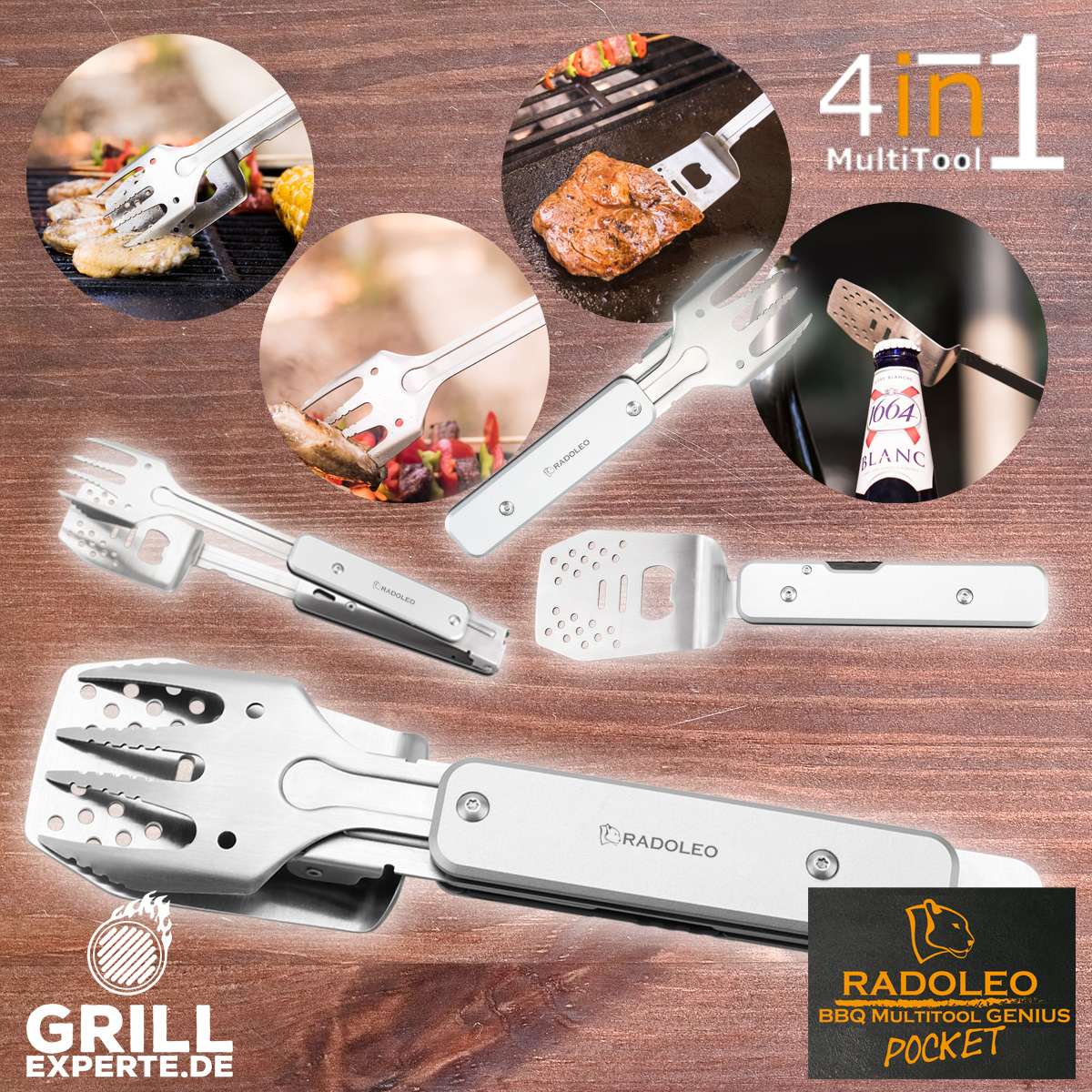 RADOLEO® Grill-Multi-Tool GENIUS POCKET Grillbesteck | Zange, Wender, Messer, Gabel, Öffner, Zieher