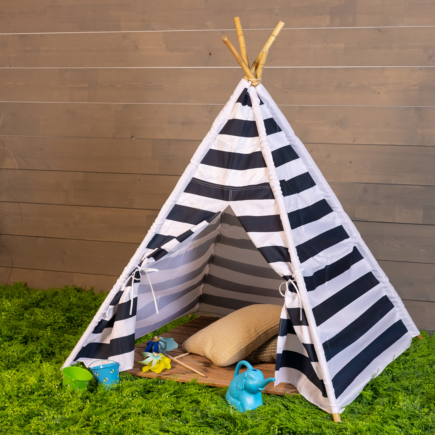 Spielzelt INDIA - Tipi Zelt für Kinder - Polyester - L: 1,20m - H: 1,55m - blau, weiß