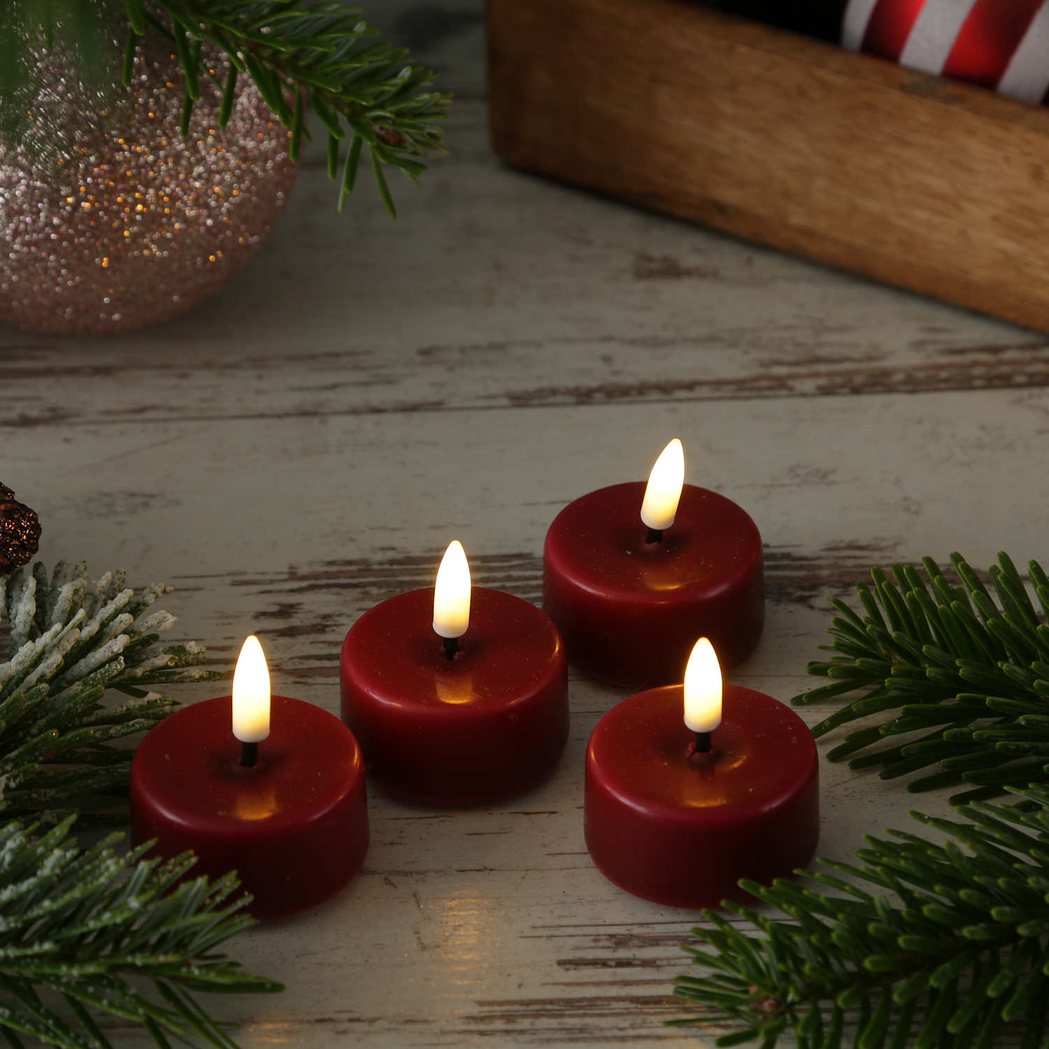 LED Mini Teelichter MIA - realistische 3D Flamme - D: 3,5cm - mit Batterien - bordeauxrot - 4 Stück