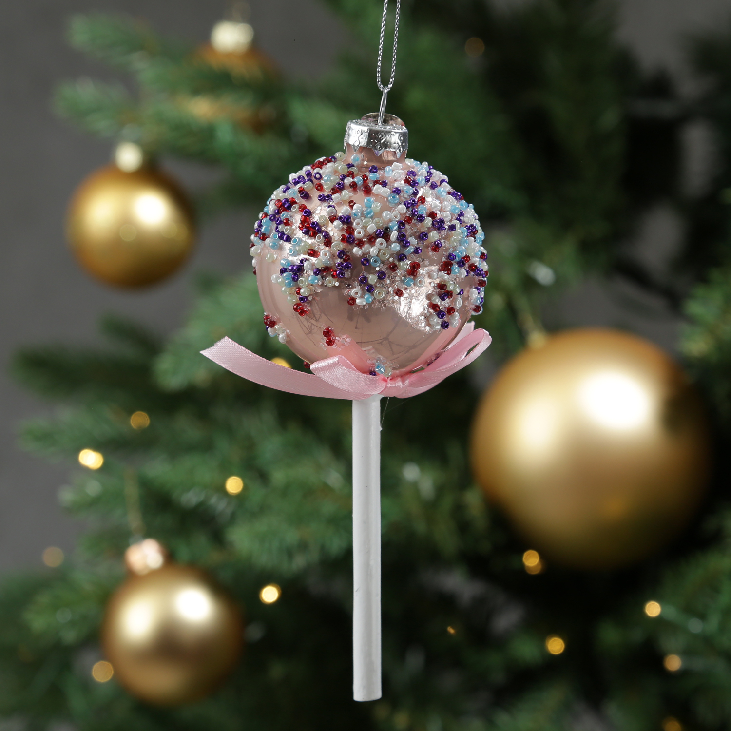 Weihnachtsbaumschmuck Lolli - mit Perlen verziert - Glas - Christbaumschmuck - H: 16cm - rosa Weihnachtsbaumschmuck Lolli - mit Perlen verziert - Glas - Christbaumschmuck - H: 16cm - rosa