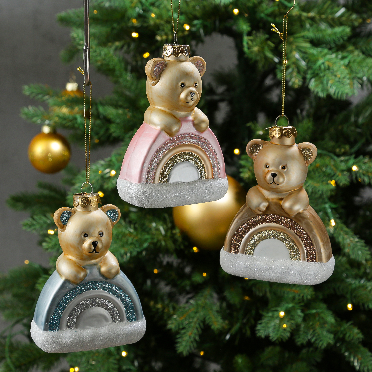 Weihnachtsbaumschmuck Teddybär mit Regenbogen - Christbaumschmuck - Glas - H: 13,5cm - blau