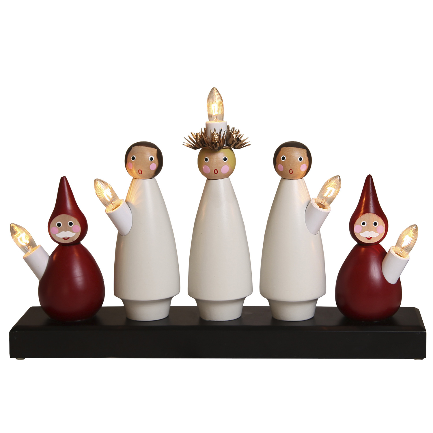 Fensterleuchter "Lucia Chor" - 5flammig - warmweiße Glühlampen - H: 22cm, L. 33cm - Weiß/Rot Fensterleuchter "Lucia Chor" - 5flammig - warmweiße Glühlampen - H: 22cm, L. 33cm - Weiß/Rot