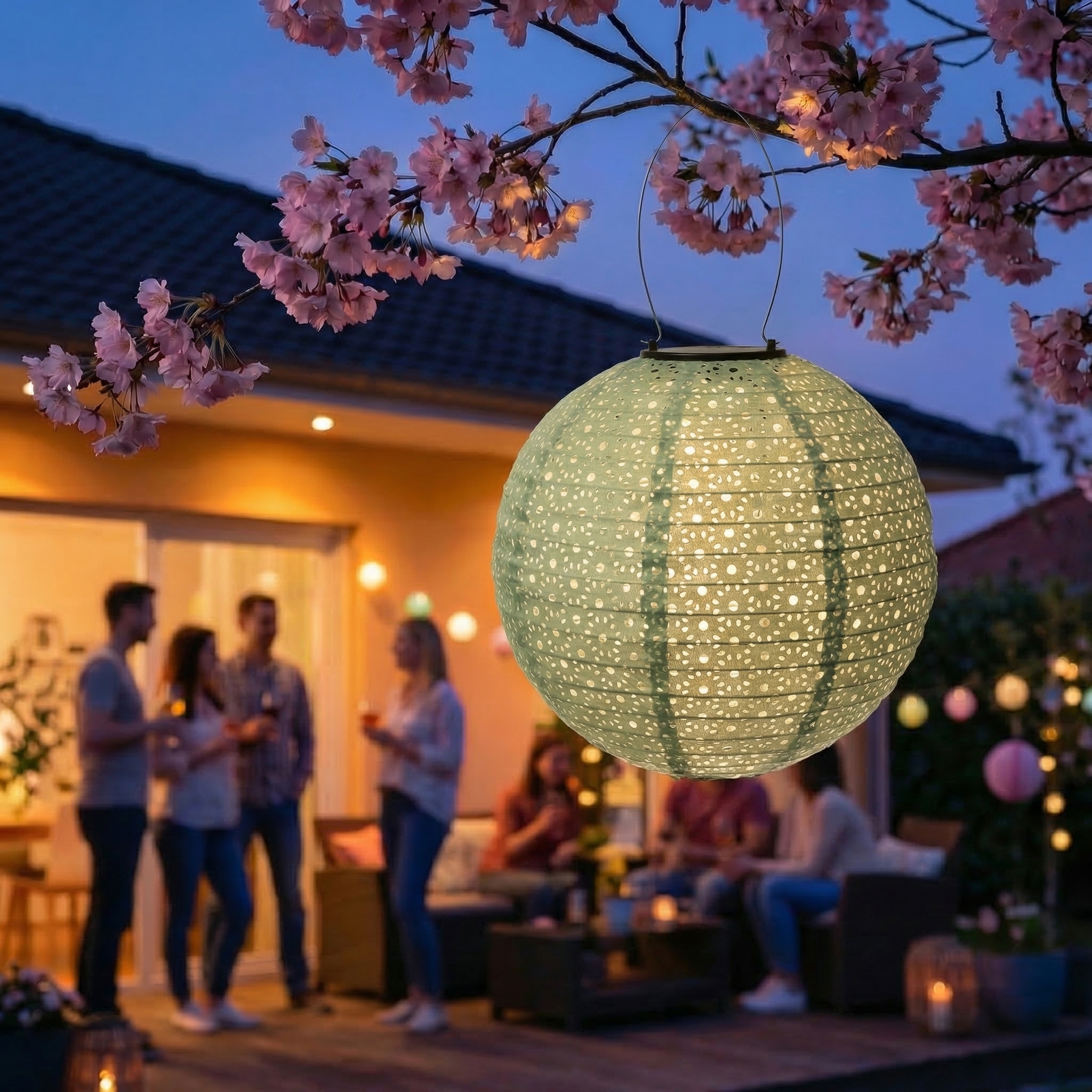 LED Solar Lampions mit Blumenmuster - oval/rund/Ballonform - Lichtsensor - grün - 3er Set