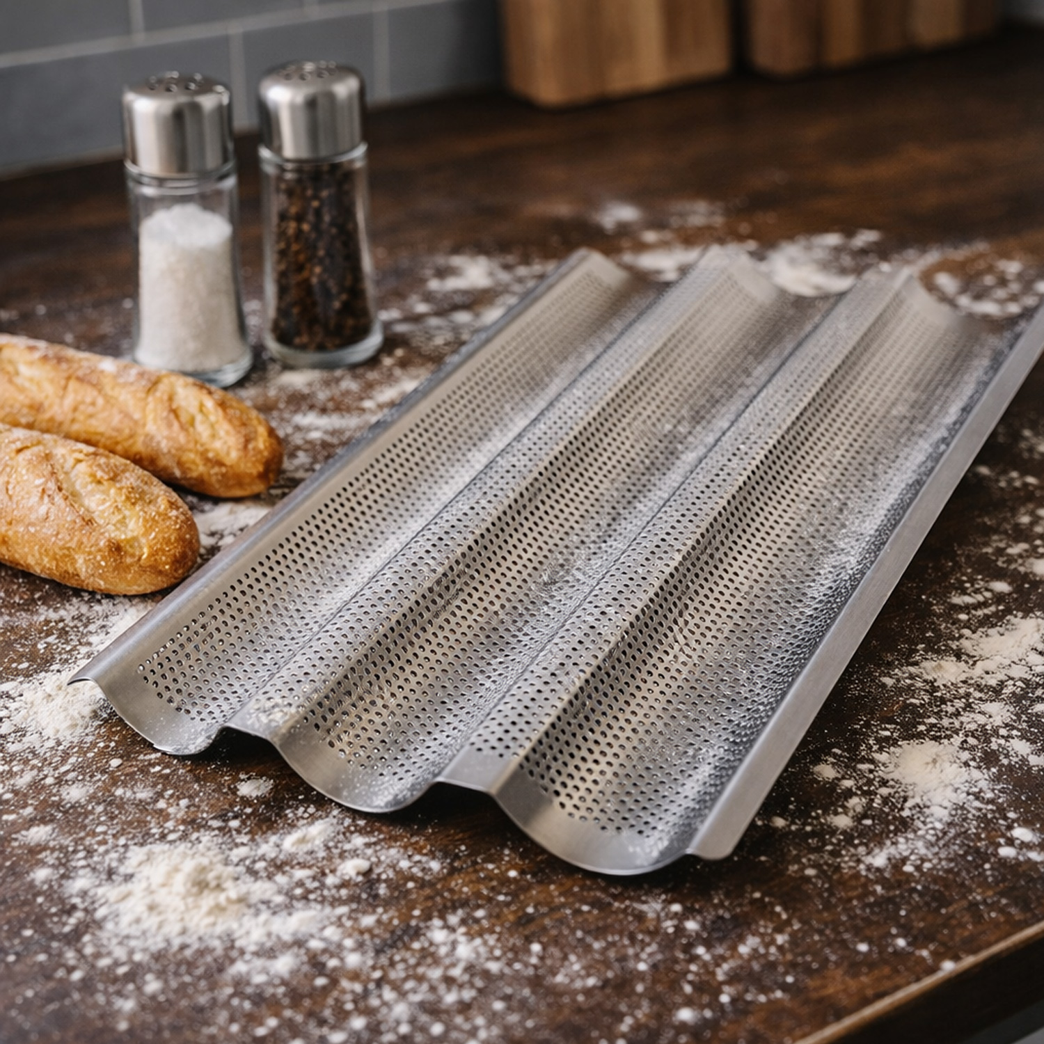 Baguetteblech für 3 Brote - Ideal für Knoblauch-/Kräuterbaguette - 38cm - Edelstahl