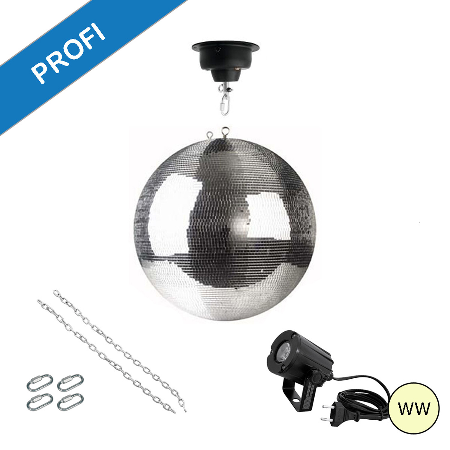 Spiegelkugel Komplettset - Discokugel, Motor, Pinspot, Montagematerial für Diskokugel - Mirrorball Set - Partyset Spiegelkugel Komplettset - Discokugel, Motor, Pinspot, Montagematerial für Diskokugel - Mirrorball Set - Partyset