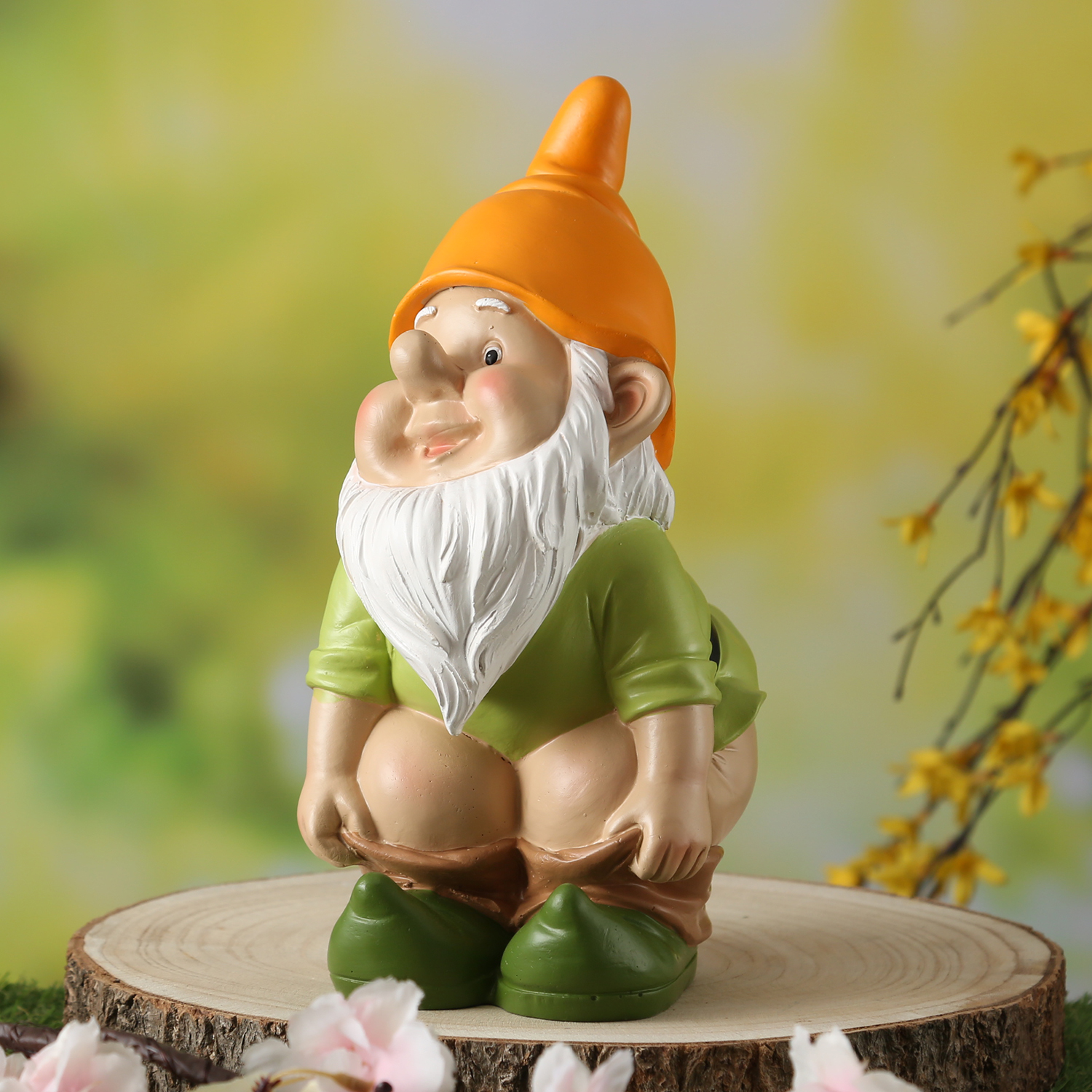 Gartenzwerg Hose Runter mit Vögelchen - Frecher Zwerg mit nacktem Po  - Polyresin - H: 27cm