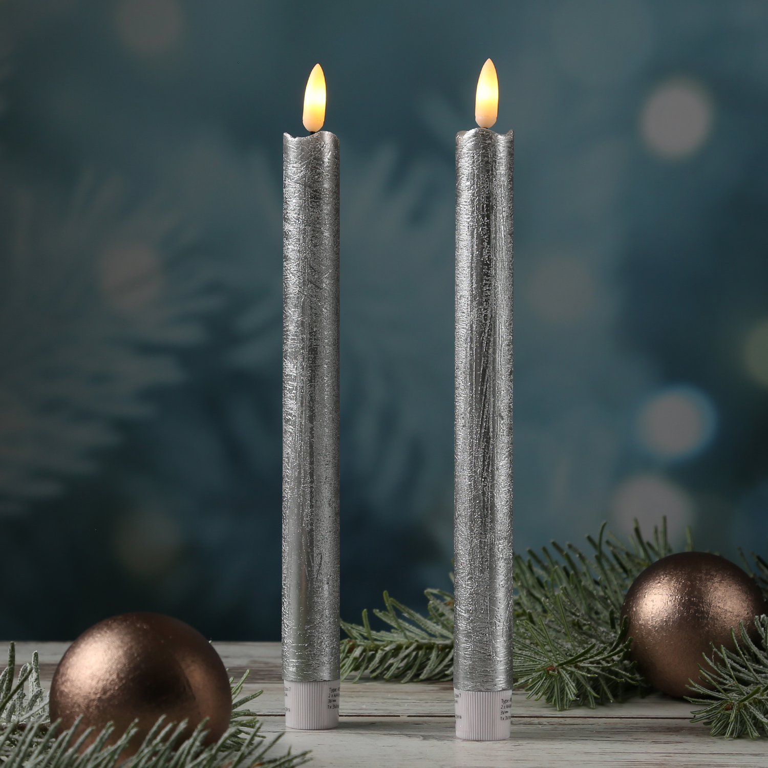 LED Stabkerzen Flamme - Echtwachs - flackernde warmweiße LED - H: 25cm - Timer - silber - 2er Set LED Stabkerzen Flamme - Echtwachs - flackernde warmweiße LED - H: 25cm - Timer - silber - 2er Set