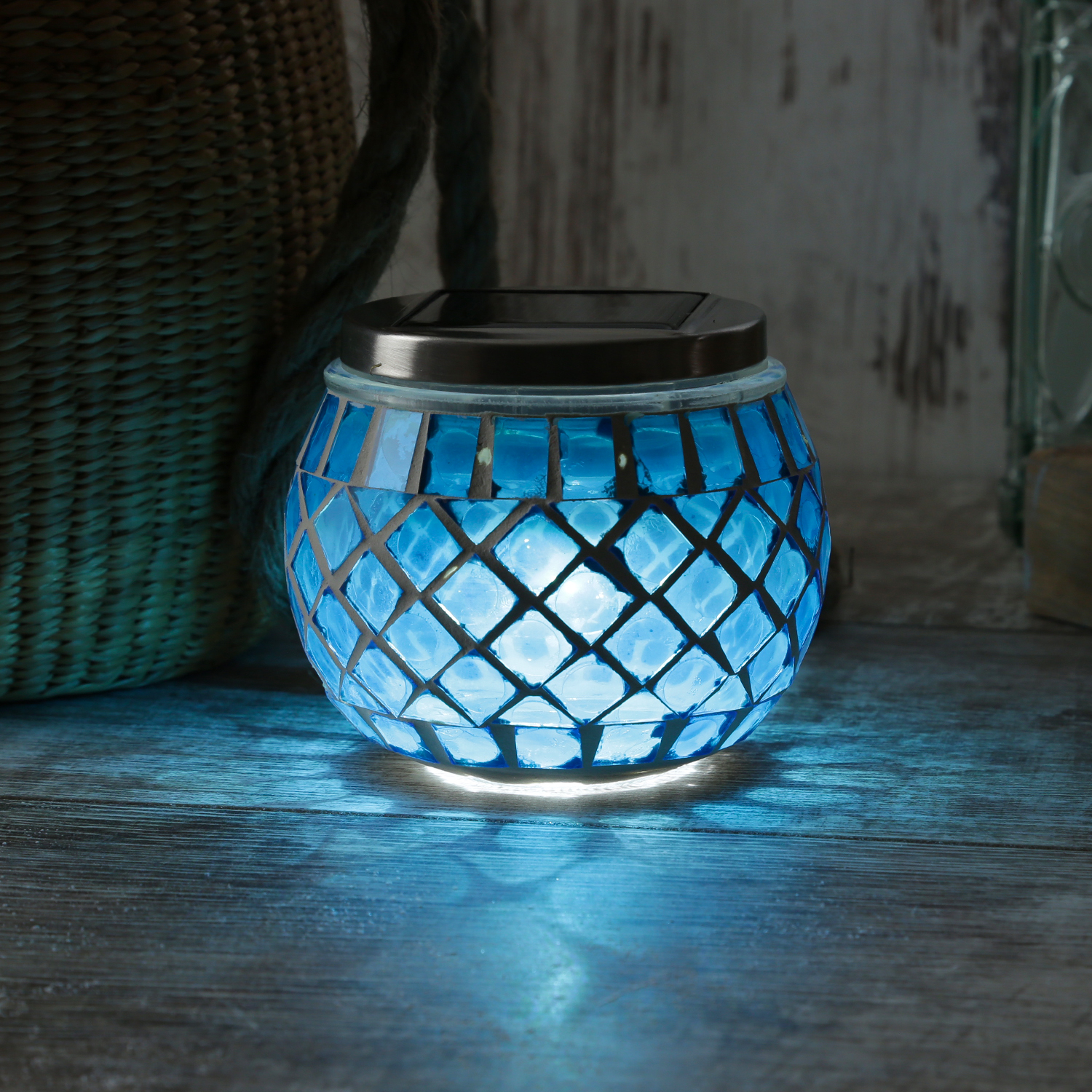 LED Solar Windlicht - Mosaik Solarglas - kaltweiße LED - Lichtsensor - H: 9cm - für Außen - blau LED Solar Windlicht - Mosaik Solarglas - kaltweiße LED - Lichtsensor - H: 9cm - für Außen - blau