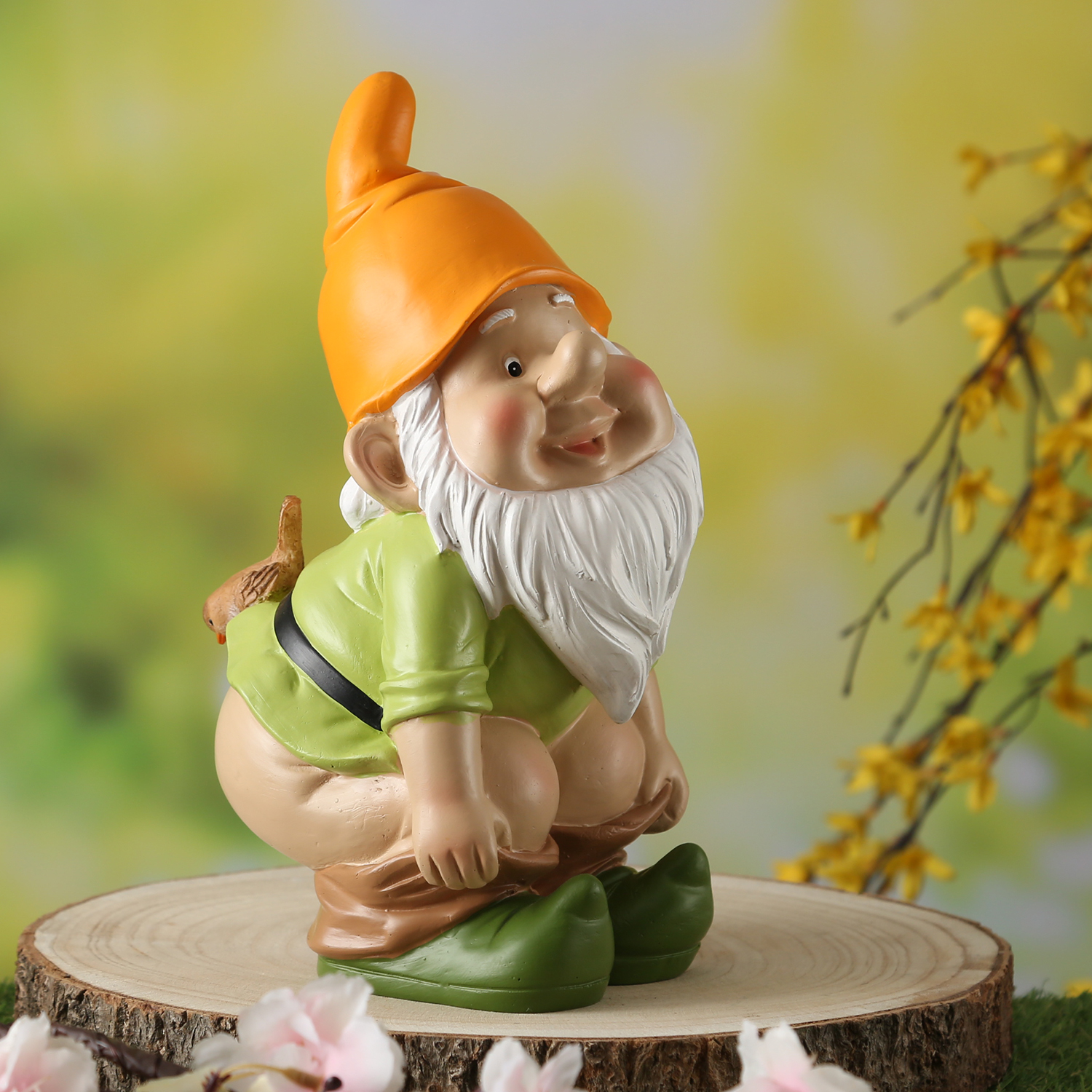 Gartenzwerg Hose Runter mit Vögelchen - Frecher Zwerg mit nacktem Po  - Polyresin - H: 27cm