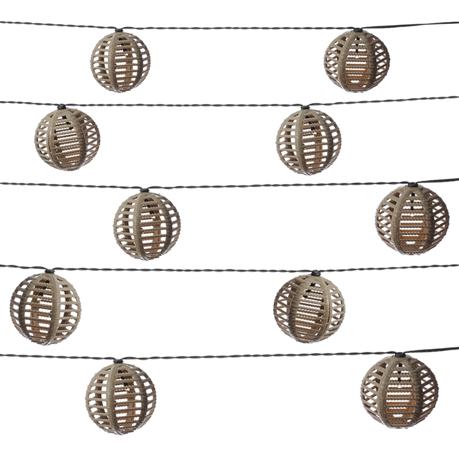 LED Solar Lichterkette Kugeln - 10 Kugeln in Rattanoptik - L: 2,7m - Timer - Lichtsensor - braun