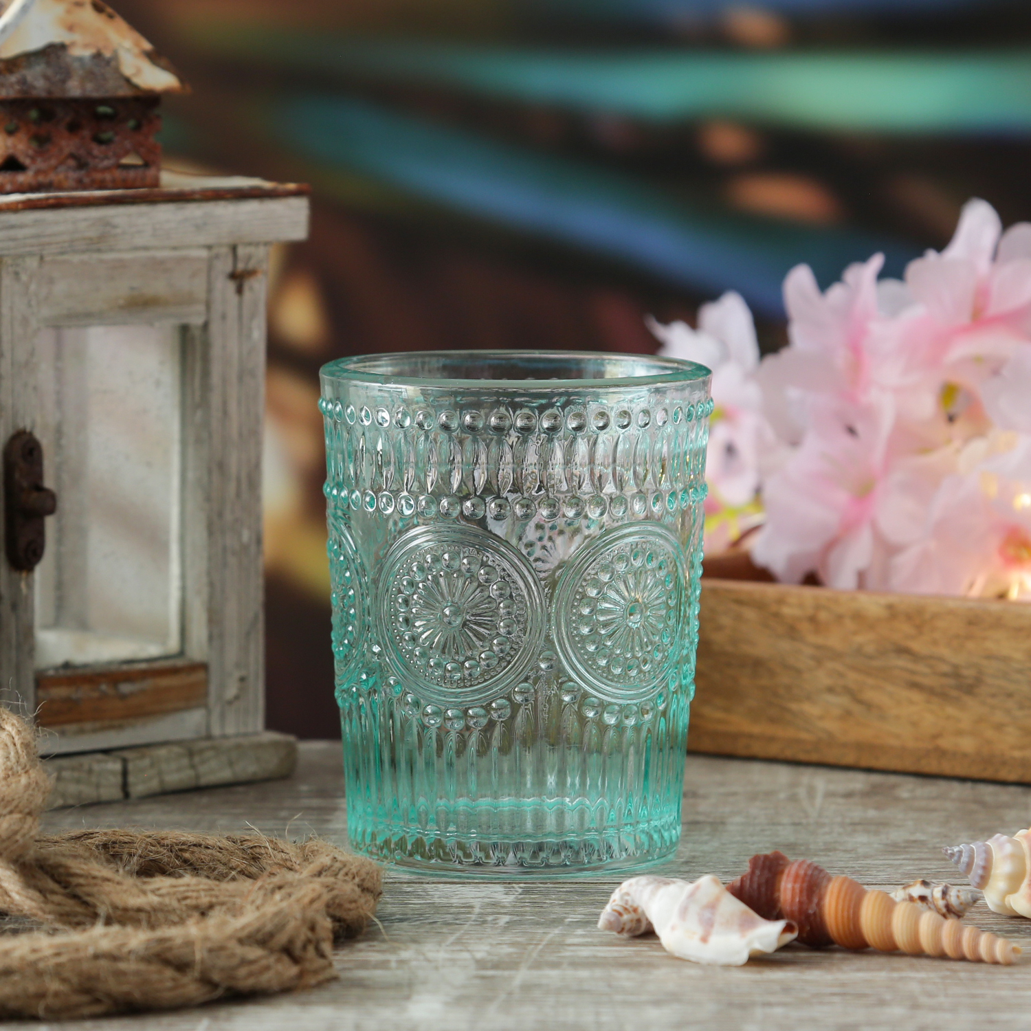 Trinkglas Vintage - Glas - lebensmittelecht - 280ml - H: 10cm - mit Muster - blau