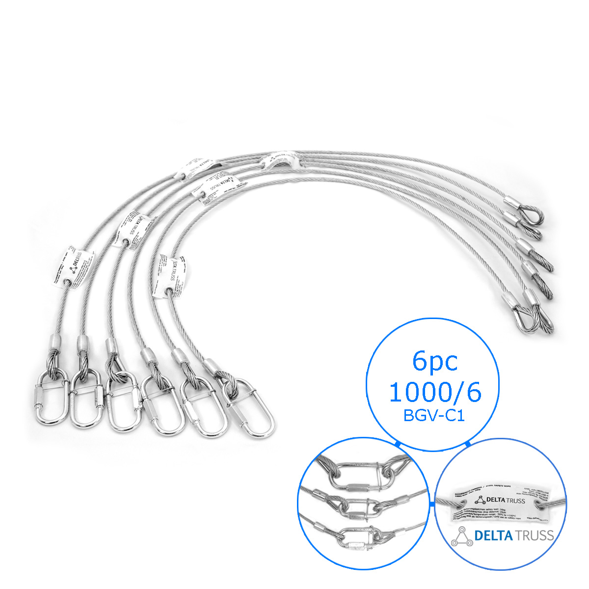 Sicherheitsfangseil 1000x6mm - 10er Set - Safety nach BGV-C1 bis 36kg Safety Stahlseil als Absturzsicherung in der Veranstaltungstechnik - Fallsicherung Sicherheitsfangseil 1000x6mm - 10er Set - Safety nach BGV-C1 bis 36kg Safety Stahlseil als Absturzsicherung in der Veranstaltungstechnik - Fallsicherung