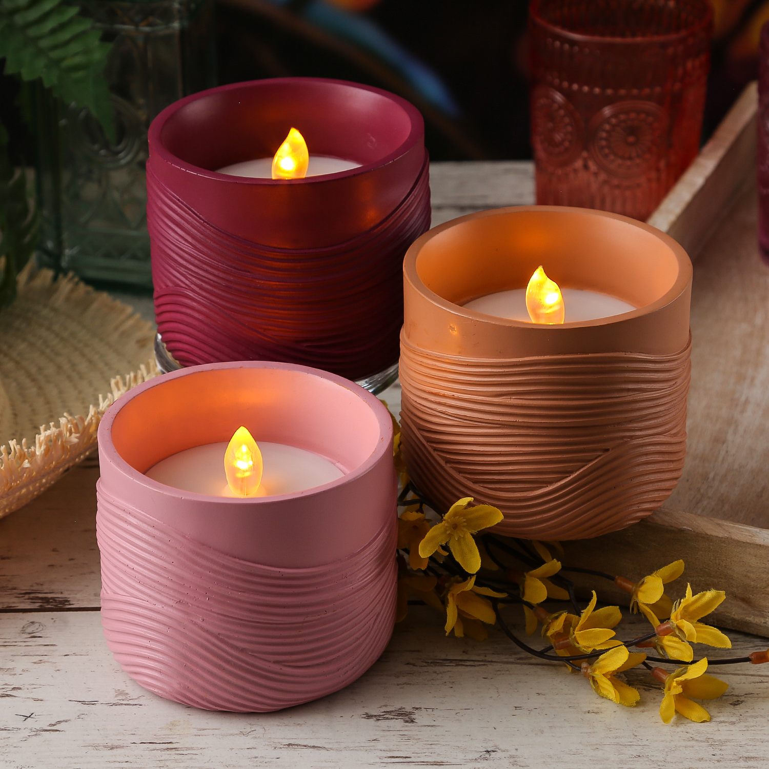 LED Solar Windlicht - Strichmuster - flackernde Flamme - Lichtsensor - H: 8cm - für Außen - rosa LED Solar Windlicht - Strichmuster - flackernde Flamme - Lichtsensor - H: 8cm - für Außen - rosa