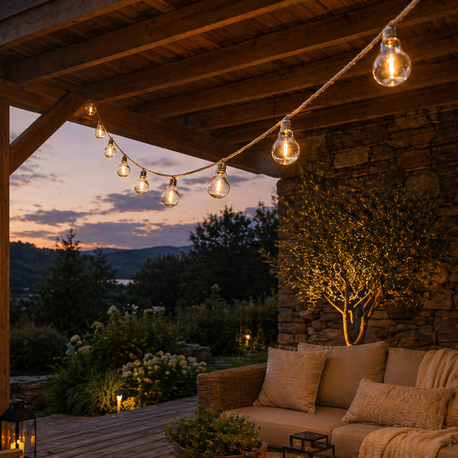 LED Lichterkette 10 Glühbirnen an Juteseil - L: 4,5m - koppelbar bis 30 Lichter - Timer - für Außen