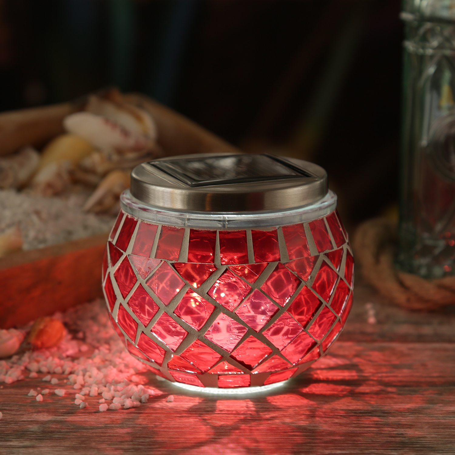 LED Solar Windlicht - Mosaik Solarglas - kaltweiße LED - Lichtsensor - H: 9cm - für Außen - rot LED Solar Windlicht - Mosaik Solarglas - kaltweiße LED - Lichtsensor - H: 9cm - für Außen - rot