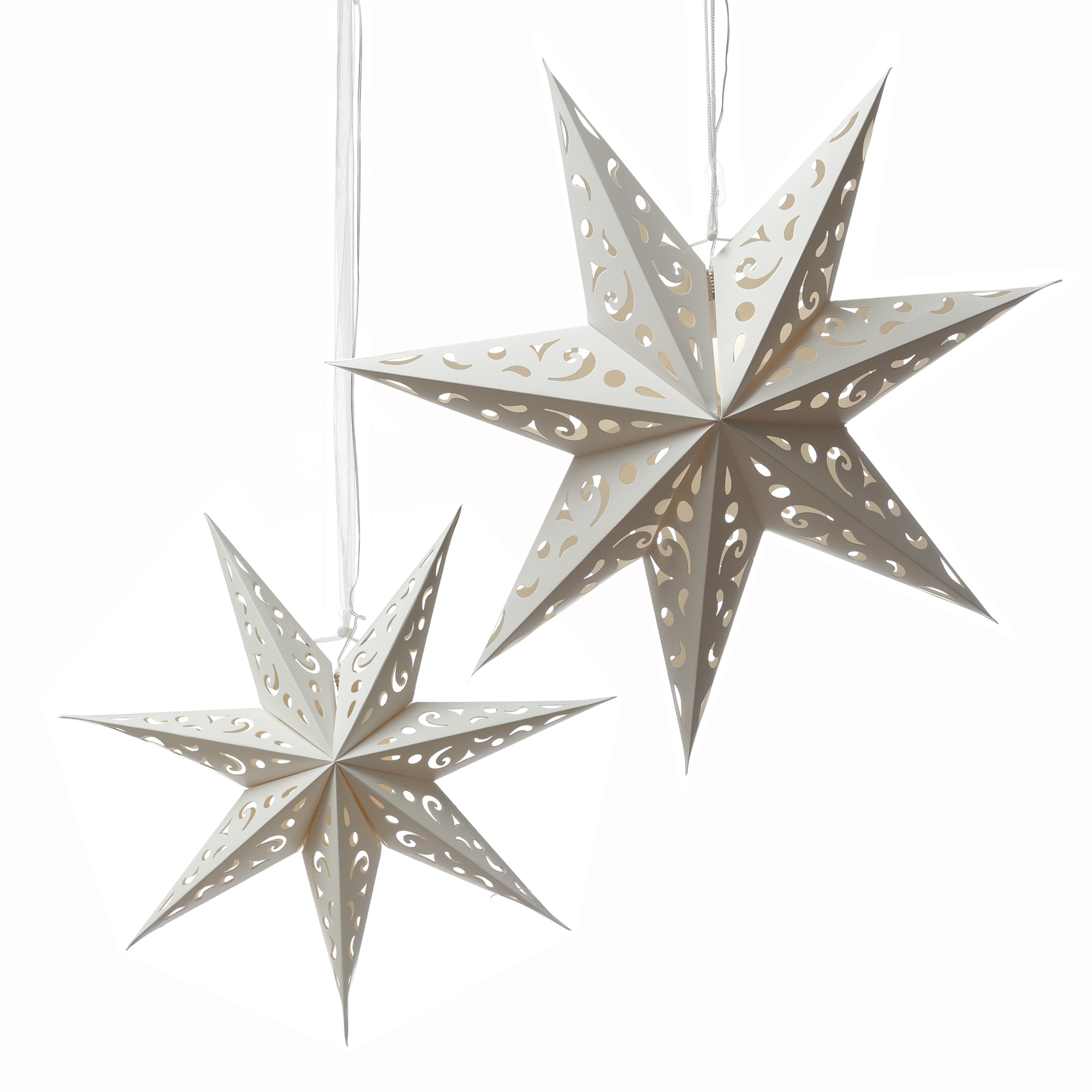 LED Papierstern - hängend - 7-zackig - 10 warmweiße LED - D: 38cm - Batterie - Timer - weiß