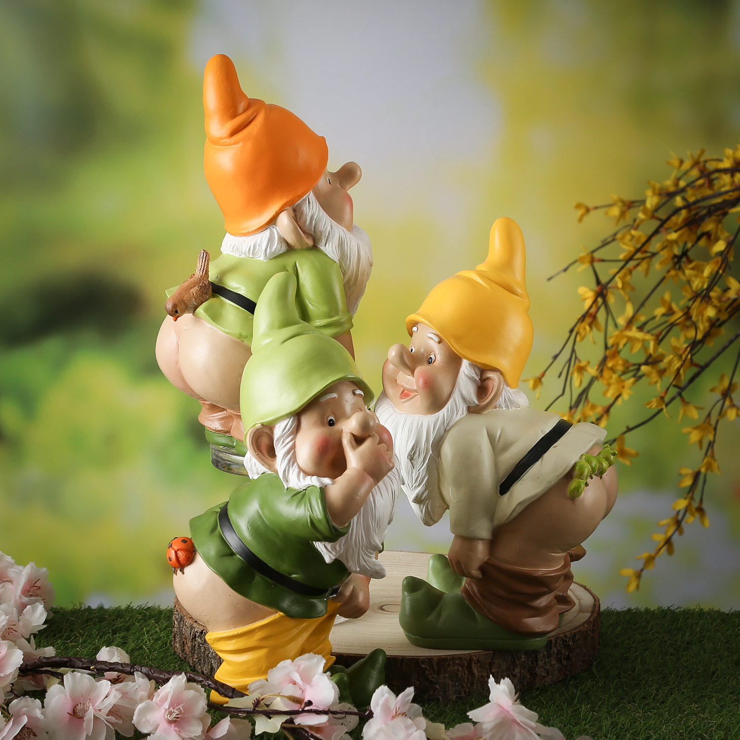 Gartenzwerg Hose Runter mit Vögelchen - Frecher Zwerg mit nacktem Po  - Polyresin - H: 27cm