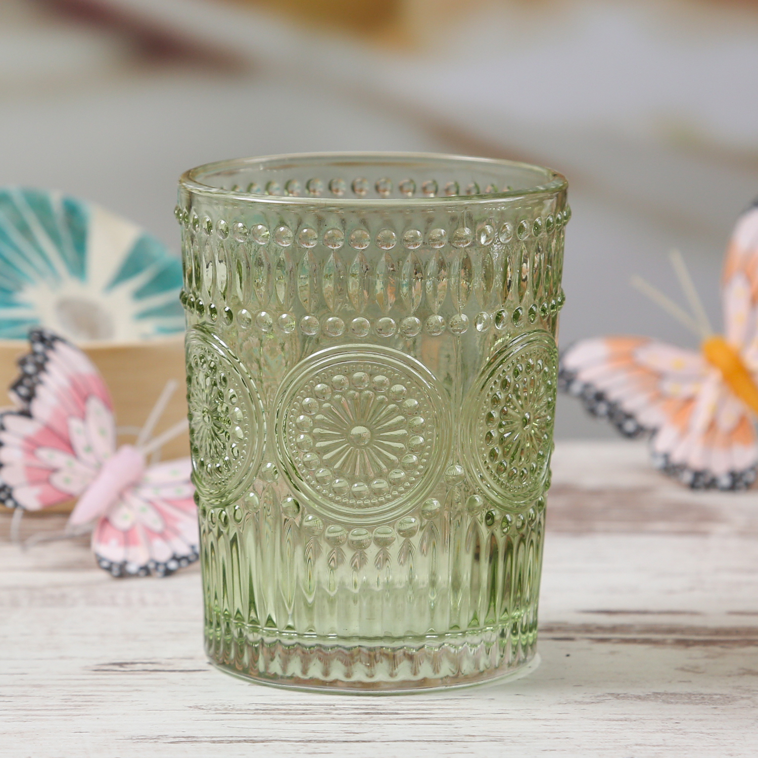 Trinkgläser Vintage - Glas - lebensmittelecht - 280ml - H: 10cm - mit Muster - grün - 4er Set