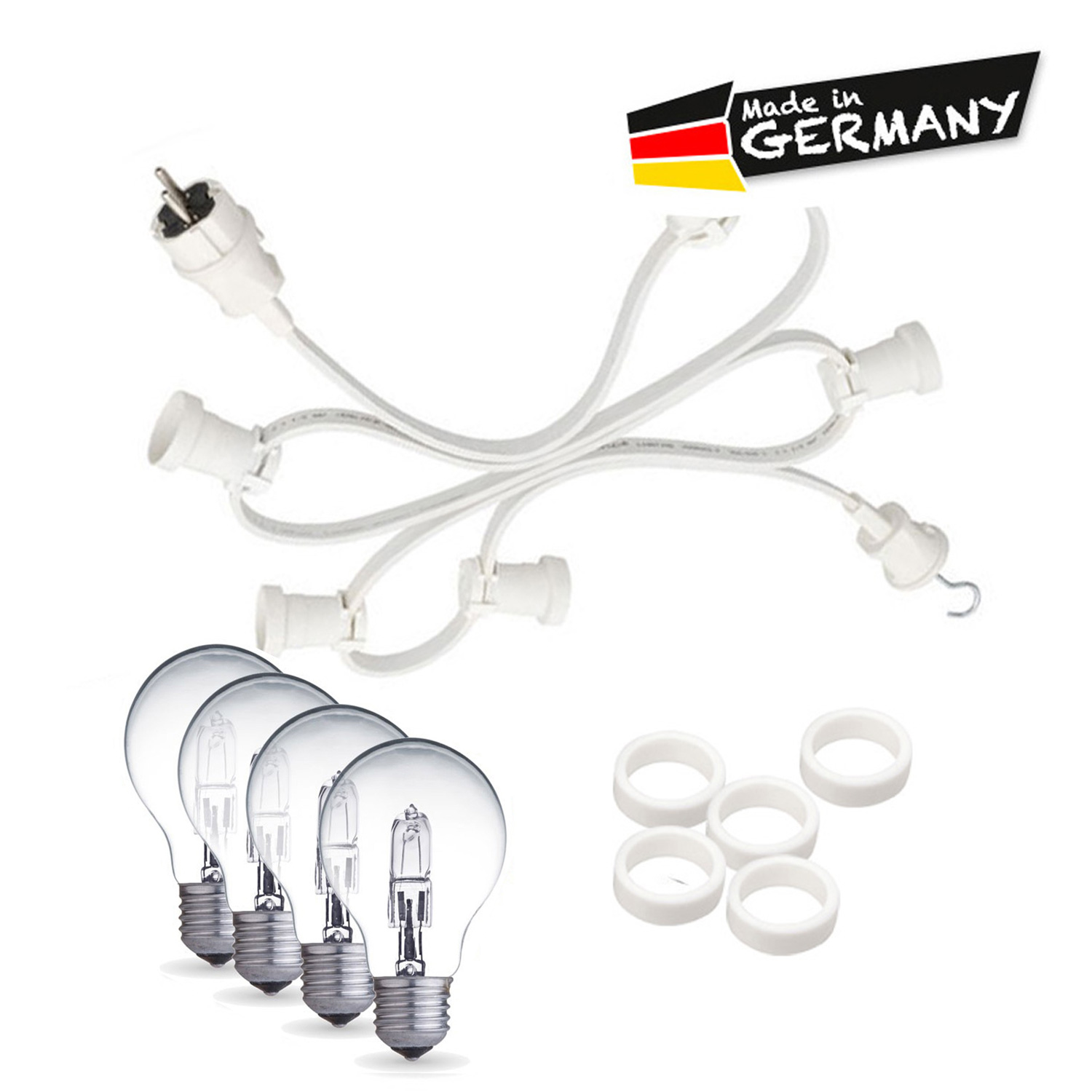 Illu-/Partylichterkette 5m - Außenlichterkette weiß - Made in Germany - 5x dimmbare Halogenlampen