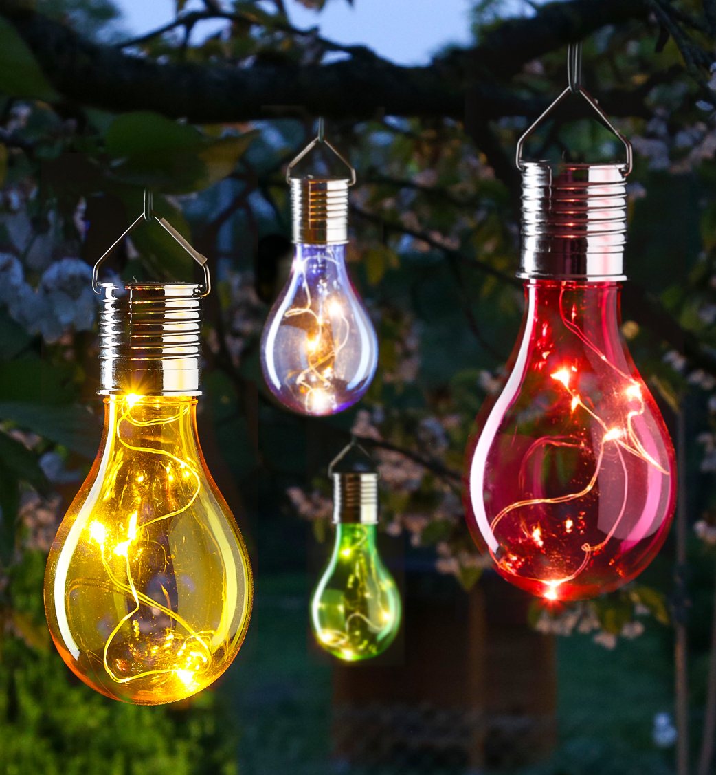 LED Solar Glühbirnen GLOW - warmweiße LED Drahtlichterkette - H: 14cm - Lichtsensor - buntes 4er Set