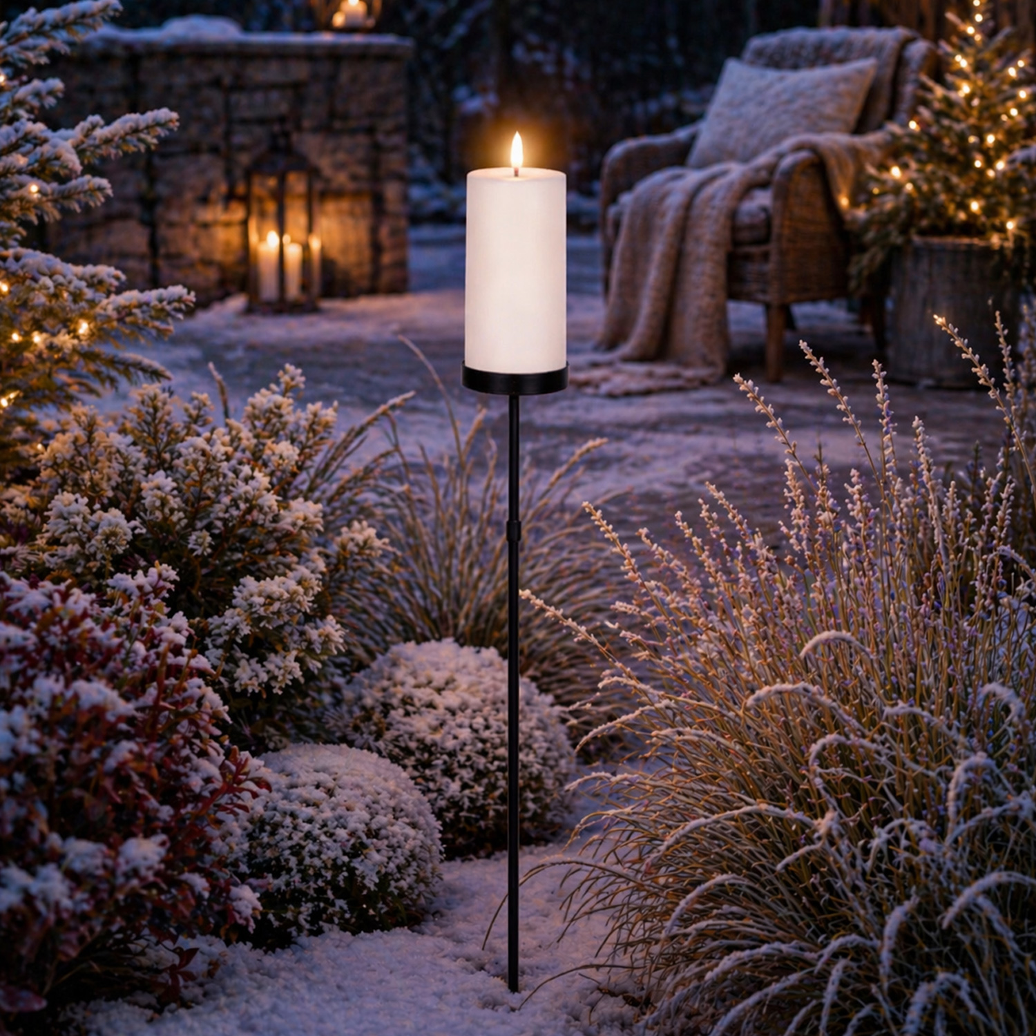 LED Solar Kerze mit Gartenstecker - Outdoorkerze auf Stab - H: 117cm - Lichtsensor - für Außen