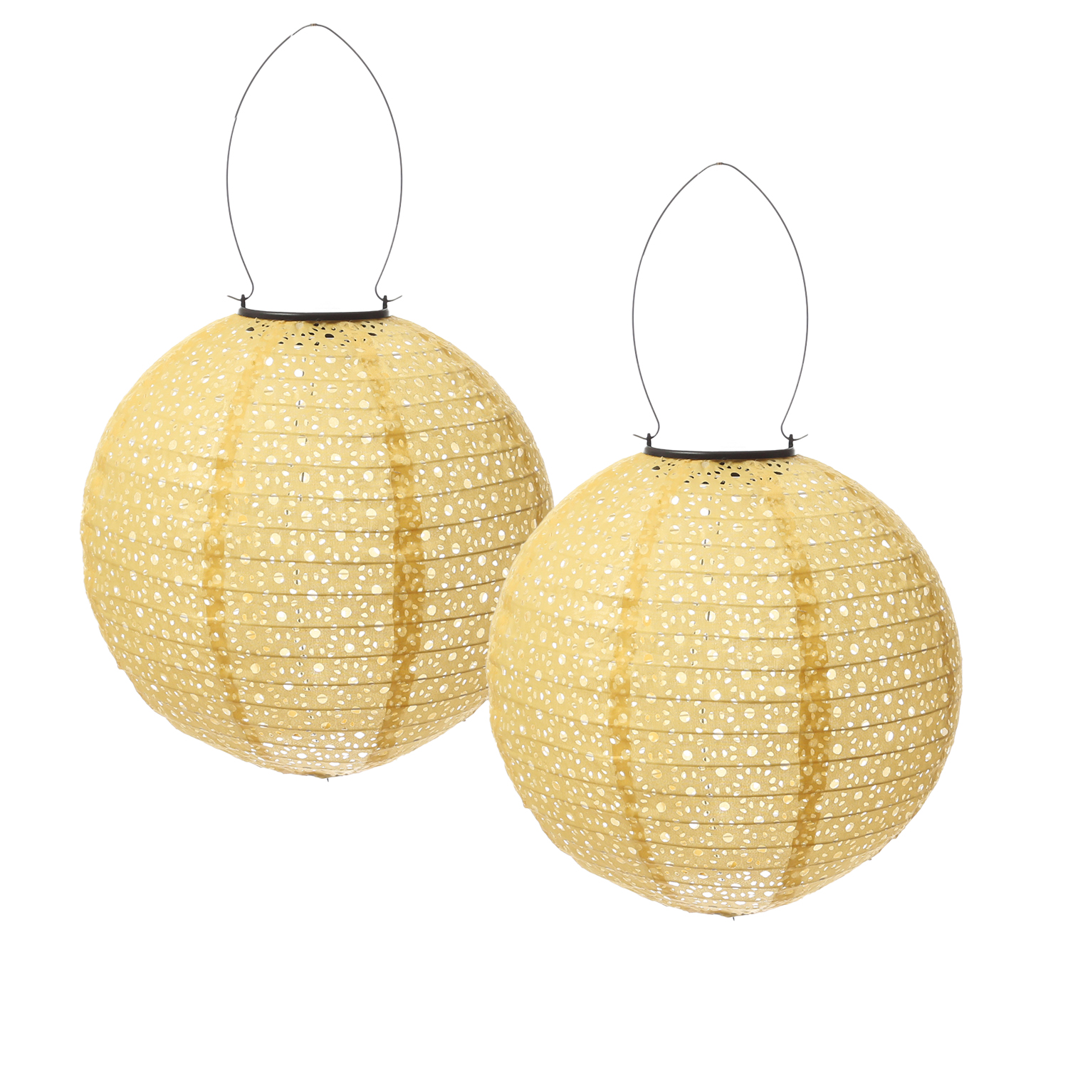 LED Solar Lampion - mit Blumenmuster - H: 25cm D: 25cm - Lichtsensor - gelb - 2er Set