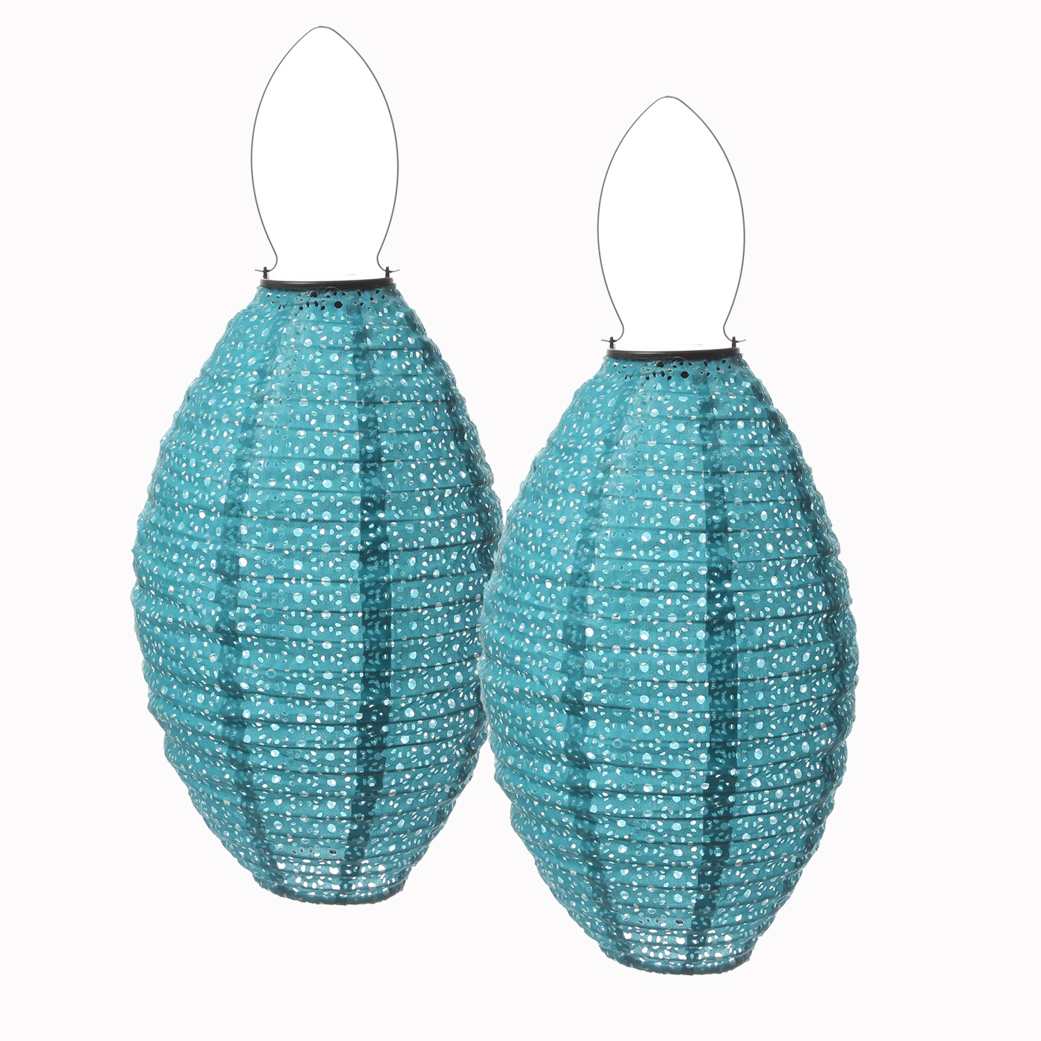 LED Solar Lampions oval - mit Blumenmuster - H: 38cm D: 23cm - Lichtsensor - blau - 2er Set