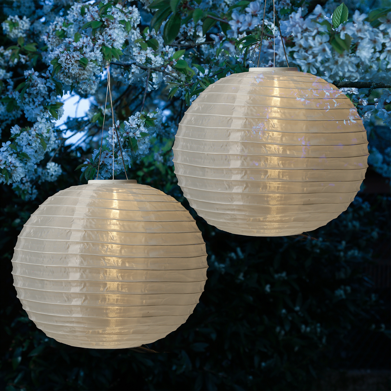 LED Solar Lampion - warmweiße LED - H: 35cm - D: 40cm - Lichtsensor - weiß - 2er Set
