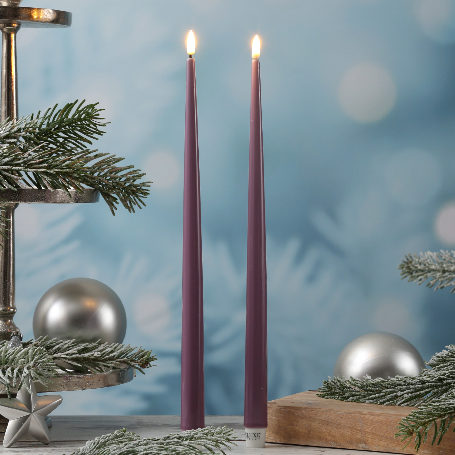 LED Stabkerzen ELLA - Echtwachs - realistische 3D Flamme - H: 38cm - flieder - 2 Stück