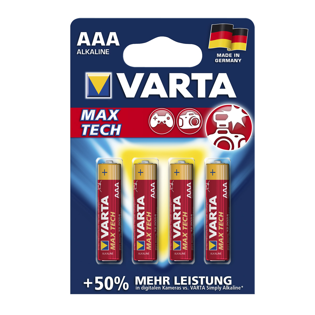 Varta Batterie Micro AAA - MAX TECH ALKALINE - 4 Stück - Typ: LR03 - 1,5V - 50% mehr Leistung Varta Batterie Micro AAA - MAX TECH ALKALINE - 4 Stück - Typ: LR03 - 1,5V - 50% mehr Leistung