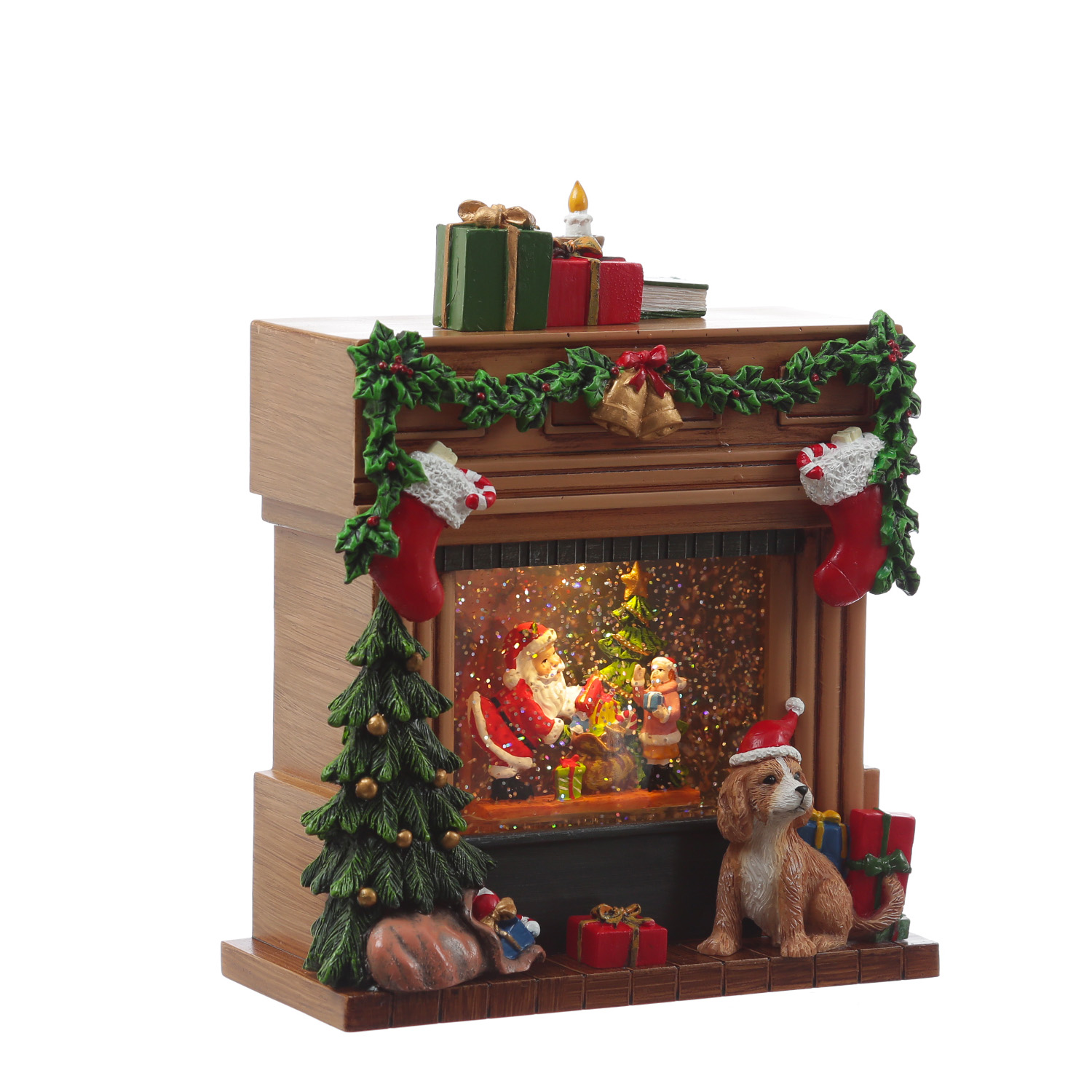 LED Wasserlaterne Kamin mit Weihnachtsmann - glitzernde Flocken - Musik - H: 23cm - Batteriebetrieb