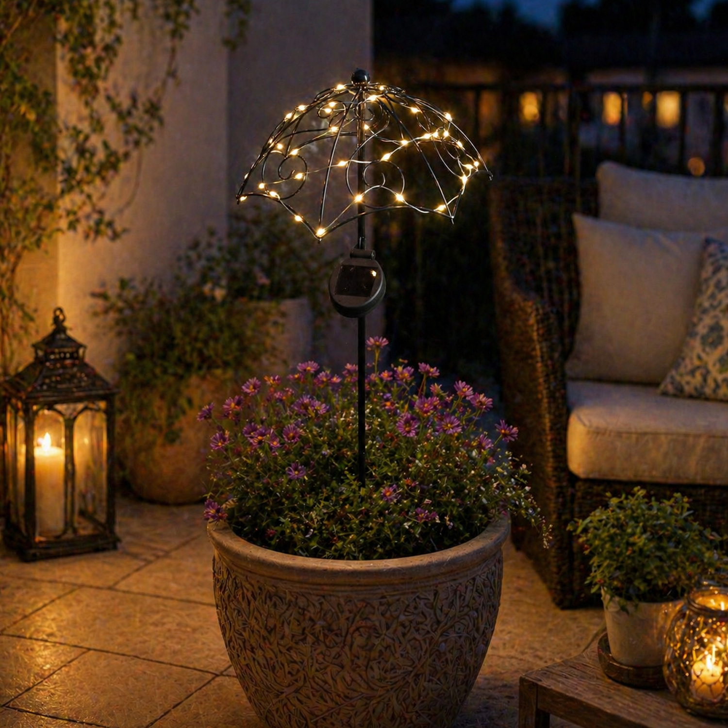 LED Solar Gartenstecker REGENSCHIRM - 35 warmweiße LED - H: 69cm - Lichtsensor - schwarz