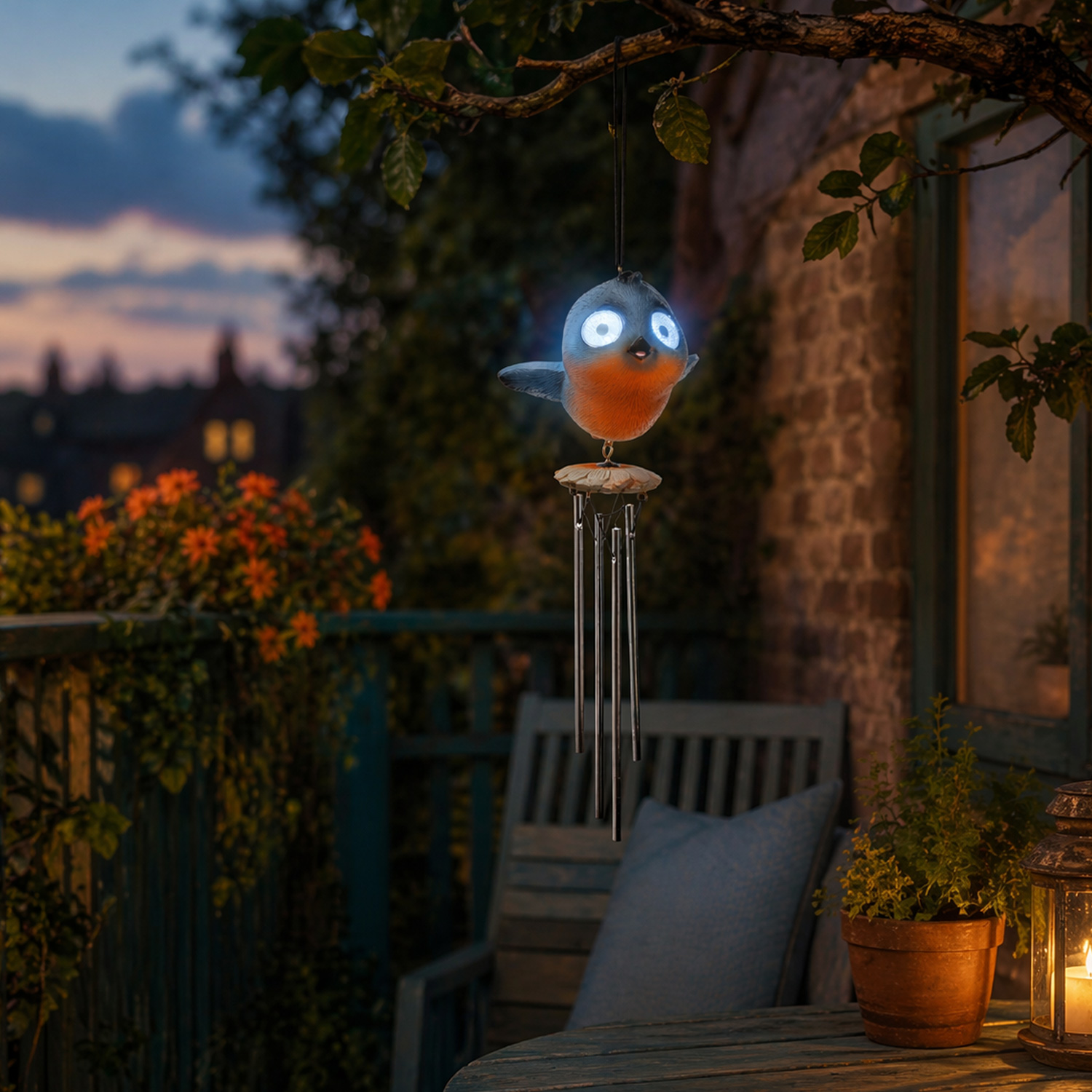 LED Solar Windspiel Vogel - Klangspiel mit Vögelchen mit leuchtenden Augen - H: 29cm - Lichtsensor