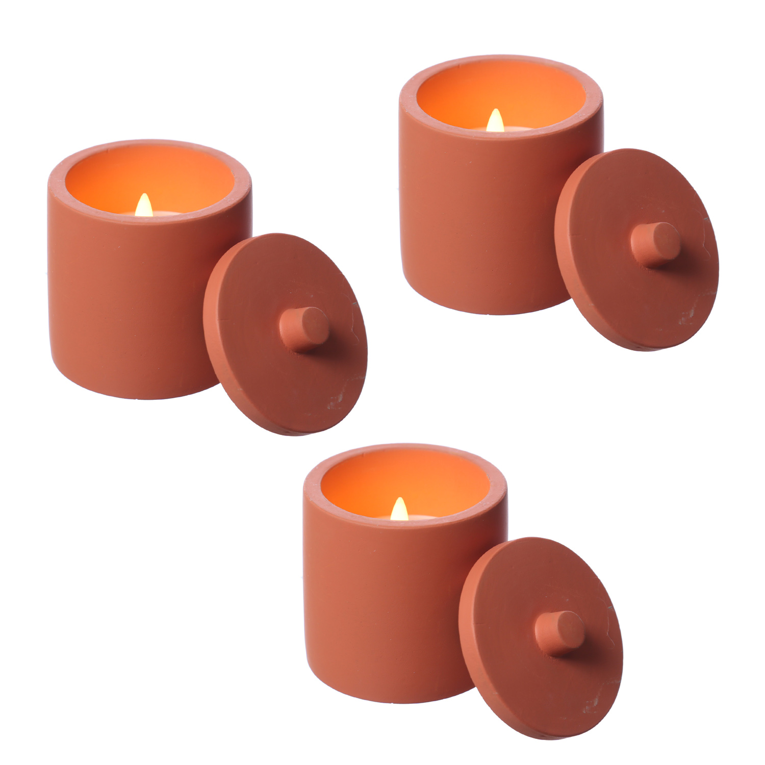 LED Kerzen im Topf - mit Deckel - Betonoptik - Timer - H: 10cm D: 8cm - terracotta - 3er Set