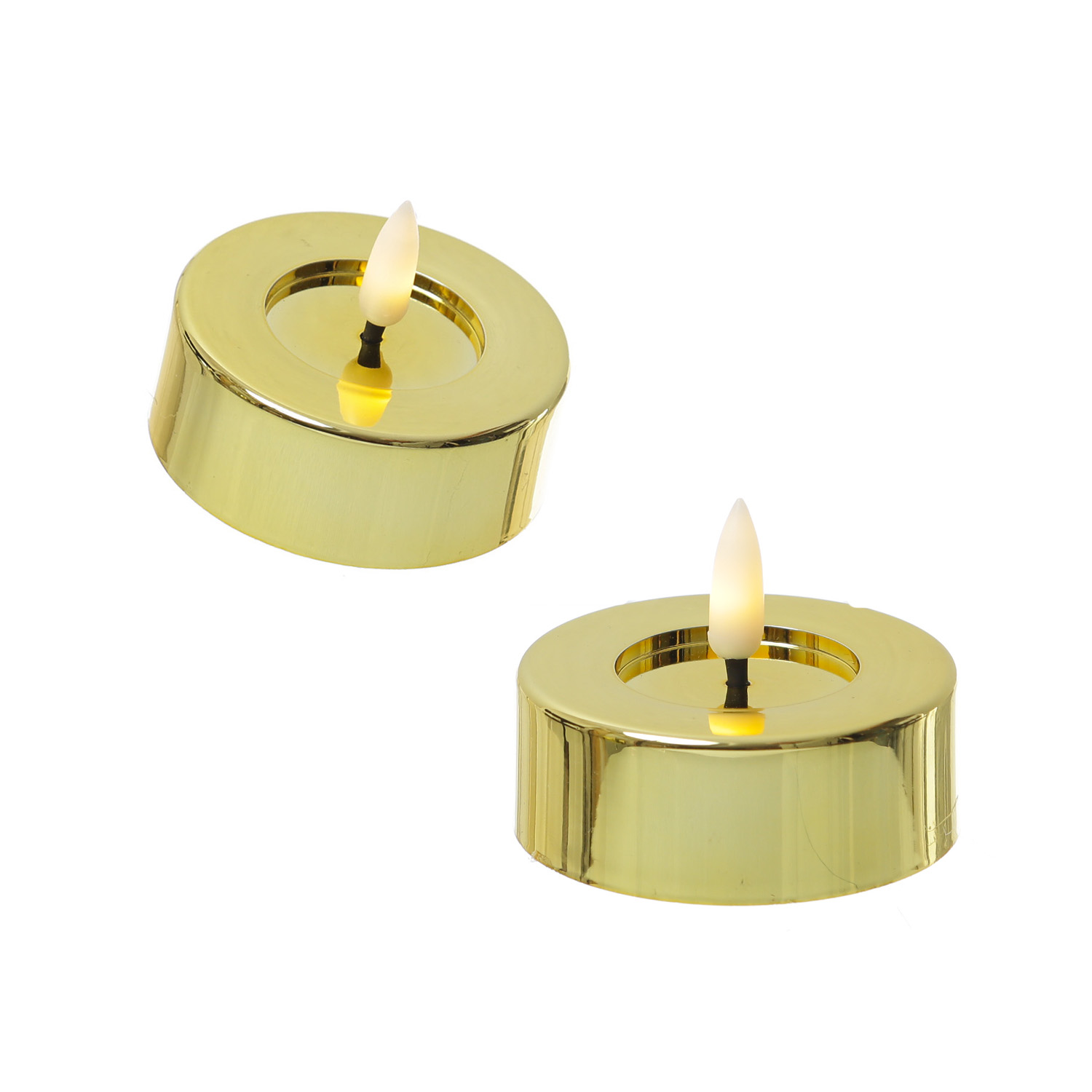 LED Maxi Teelichter - Kunststoff - D: 6,5cm - H: 5cm - Timer - gold glänzend - 2er Set LED Maxi Teelichter - Kunststoff - D: 6,5cm - H: 5cm - Timer - gold glänzend - 2er Set