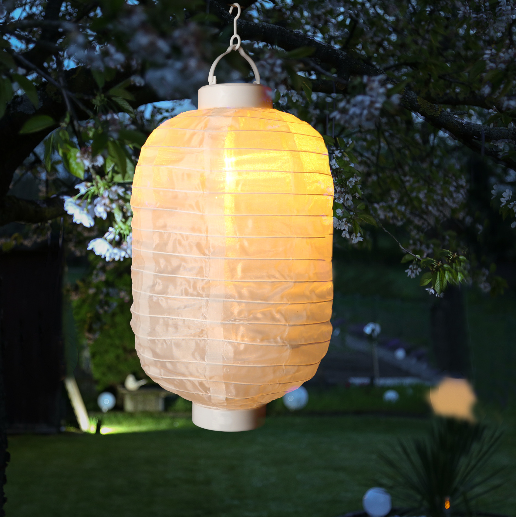 LED Solar Lampion - Flammensimulation - 30 warmweiße LED - H: 30cm - D: 20cm - Lichtsensor - weiß