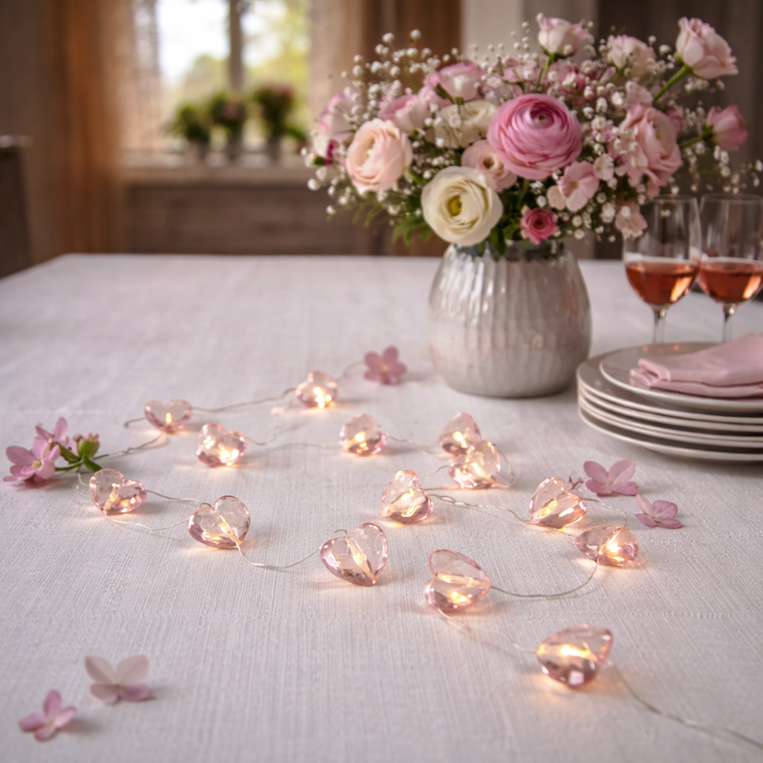 LED Lichterkette Herzen - 12 rosa Herzen - L: 1,65m - Batteriebetrieb - Timer