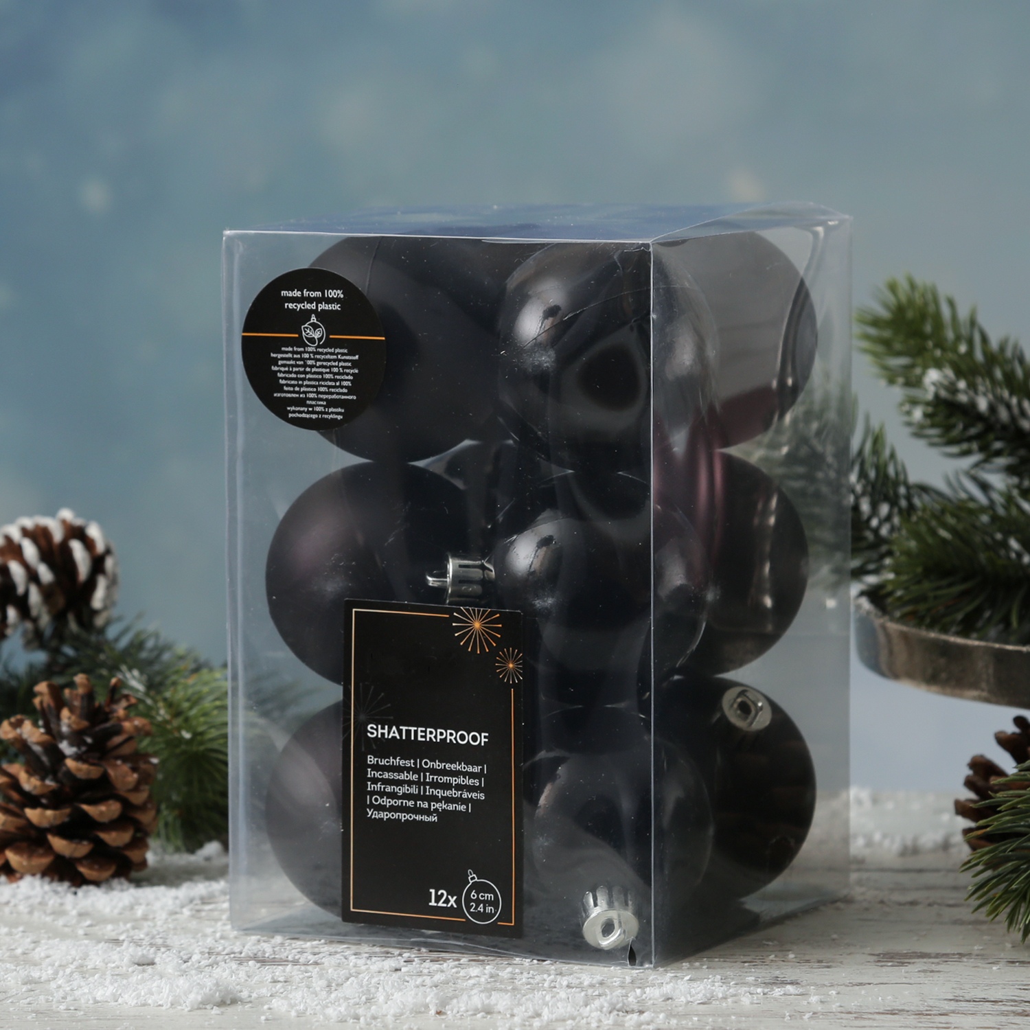 Christbaumkugeln - Weihnachtbaumskugeln - bruchfest - D: 6cm - glänzend/matt  - schwarz - 12er Set