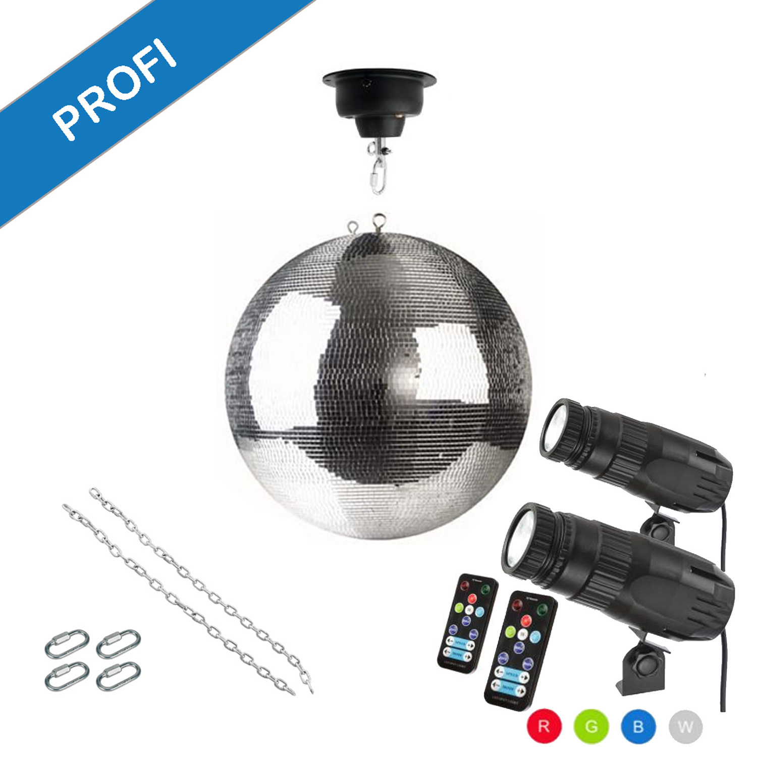 Spiegelkugel Komplettset - Discokugel, Motor, Pinspot, Montagematerial für Diskokugel - Mirrorball Set - Partyset