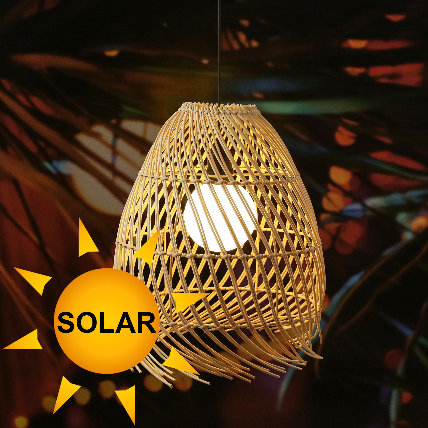 LED Solar Hängeleuchte BOHO - Lampenschirm in Korboptik - warmweiß - H 36cm - Lichtsensor - natur