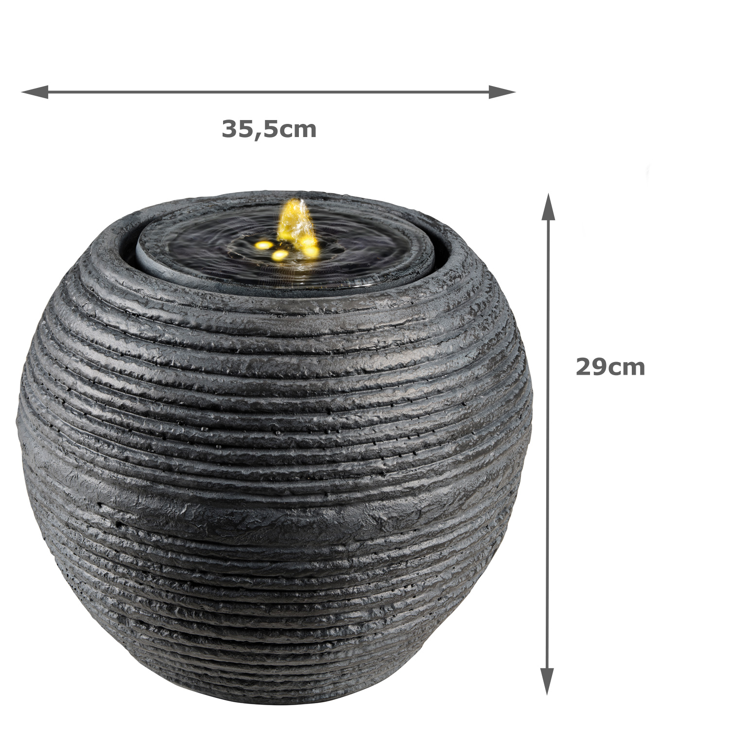 LED Solar Kugelbrunnen - Gartenbrunnen - GRC Beton - 4 warmweiße LED - D: 35,5cm - grau