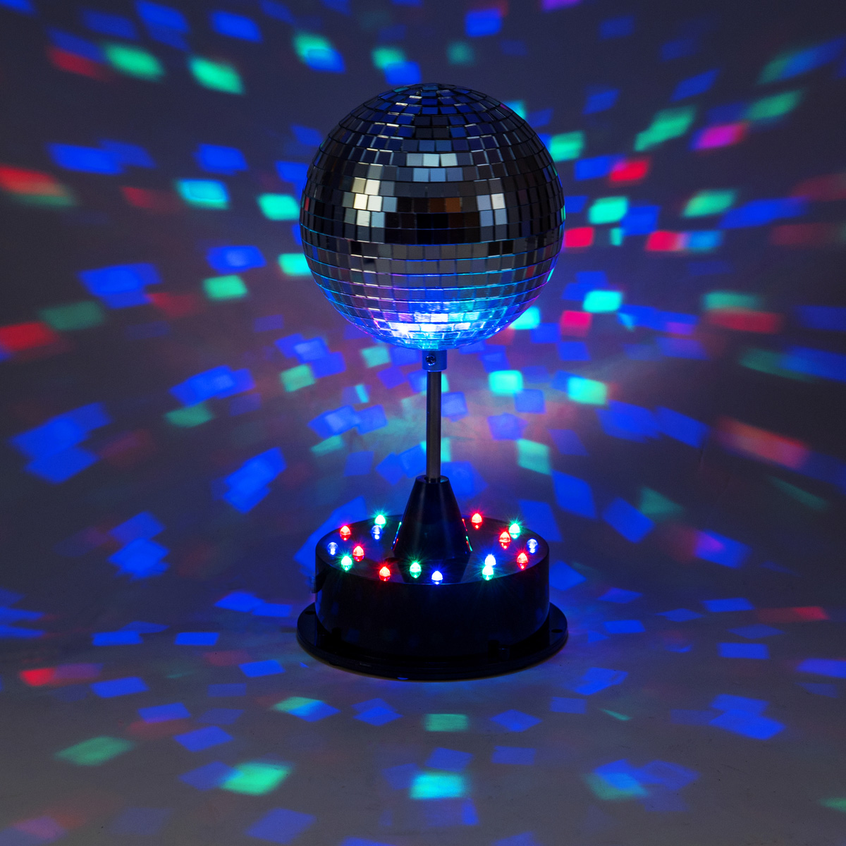 LED Spiegelkugel 13cm mit Standfuß - 18 bunte LED - Batterie und USB Betrieb - silber LED Spiegelkugel 13cm mit Standfuß - 18 bunte LED - Batterie und USB Betrieb - silber