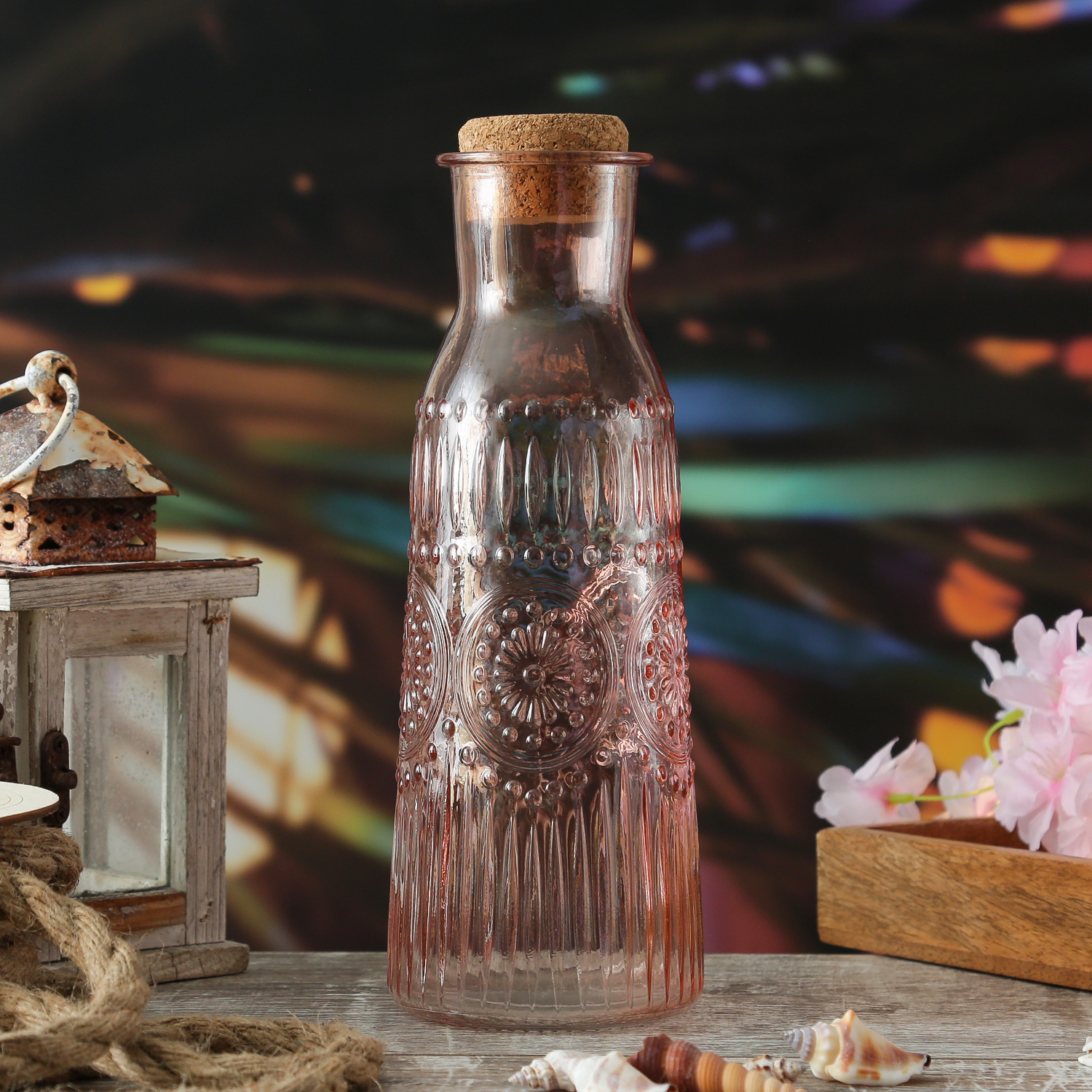Karaffe Vintage mit Blumenmuster - Glaskaraffe - Kanne mit Korkendeckel - Boho Stil - 1l - rosa