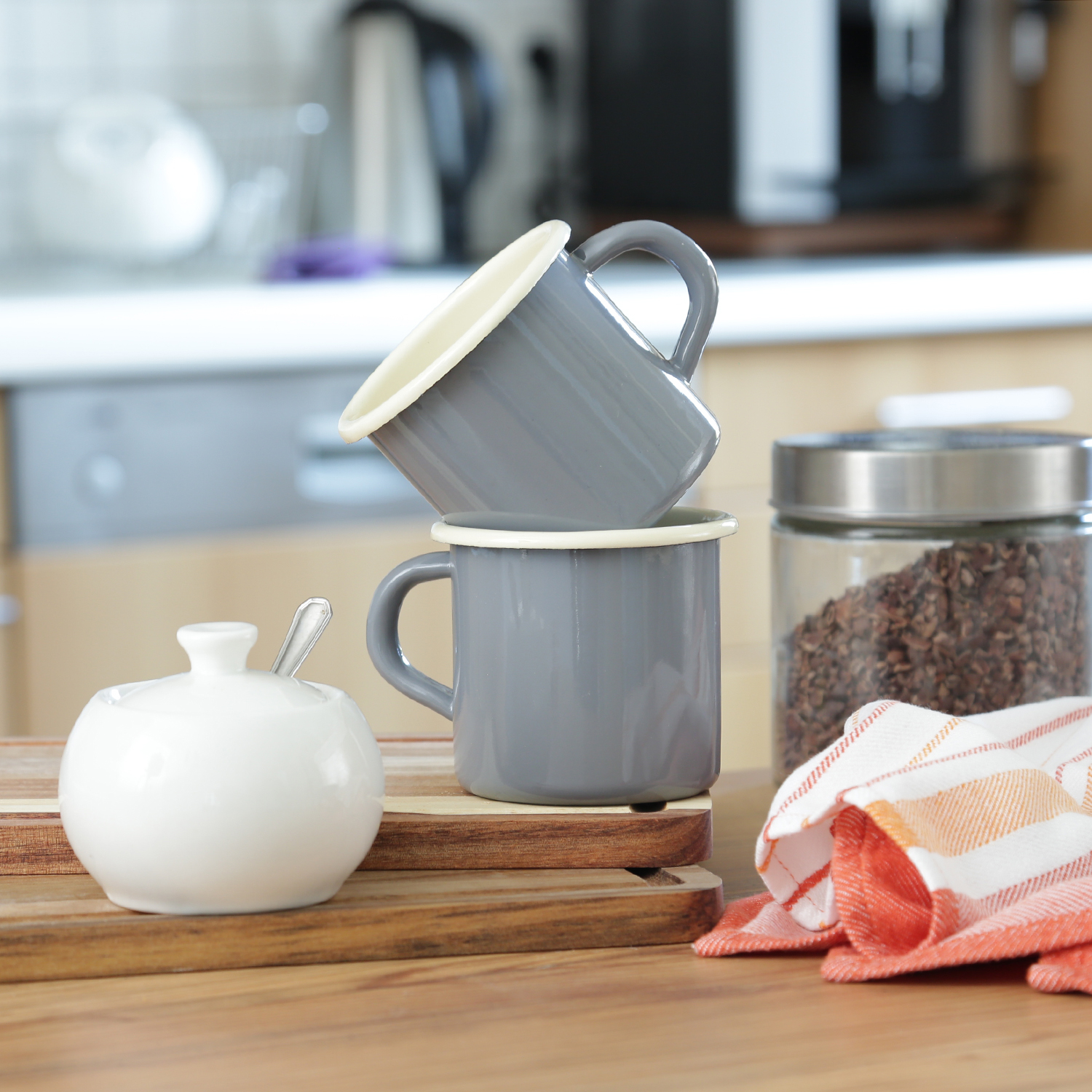 Krüger Becher - Blechbecher emailliert - D: 8cm - 0,35L - grau, creme - 2 Stück