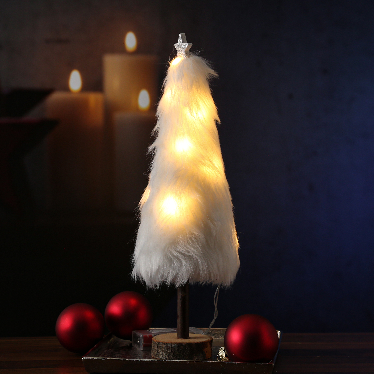 LED Dekobaum PLÜSCH - Holz - Plüschfell - warmweiße LED - Sternspitze - H: 36,5cm - Batterie - weiß LED Dekobaum PLÜSCH - Holz - Plüschfell - warmweiße LED - Sternspitze - H: 36,5cm - Batterie - weiß