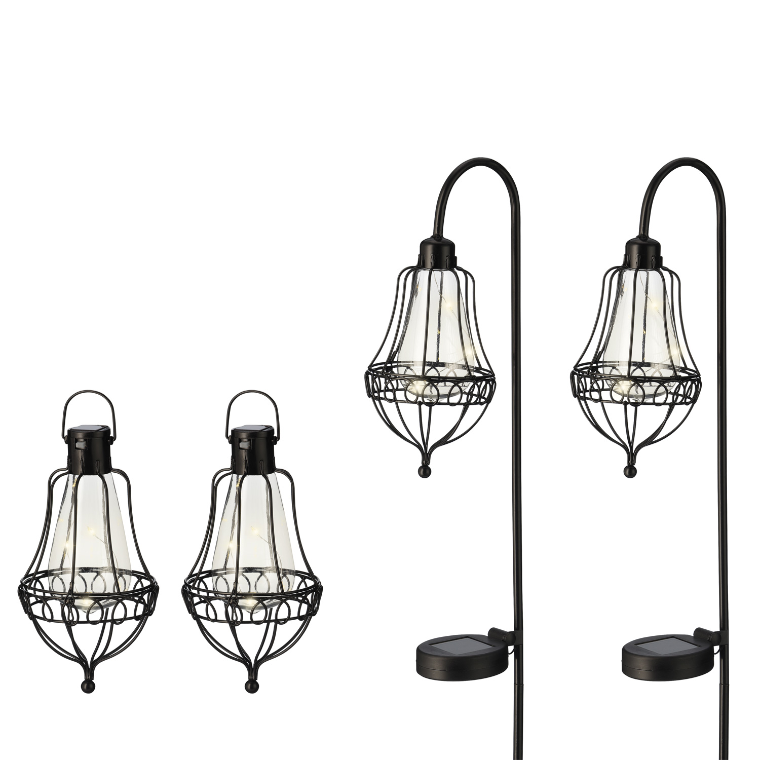 LED Solar Laternen und Gartenstecker - zwei Henkel u. zwei Erdspieße - D: 10cm - schwarz - 4er Set LED Solar Laternen und Gartenstecker - zwei Henkel u. zwei Erdspieße - D: 10cm - schwarz - 4er Set