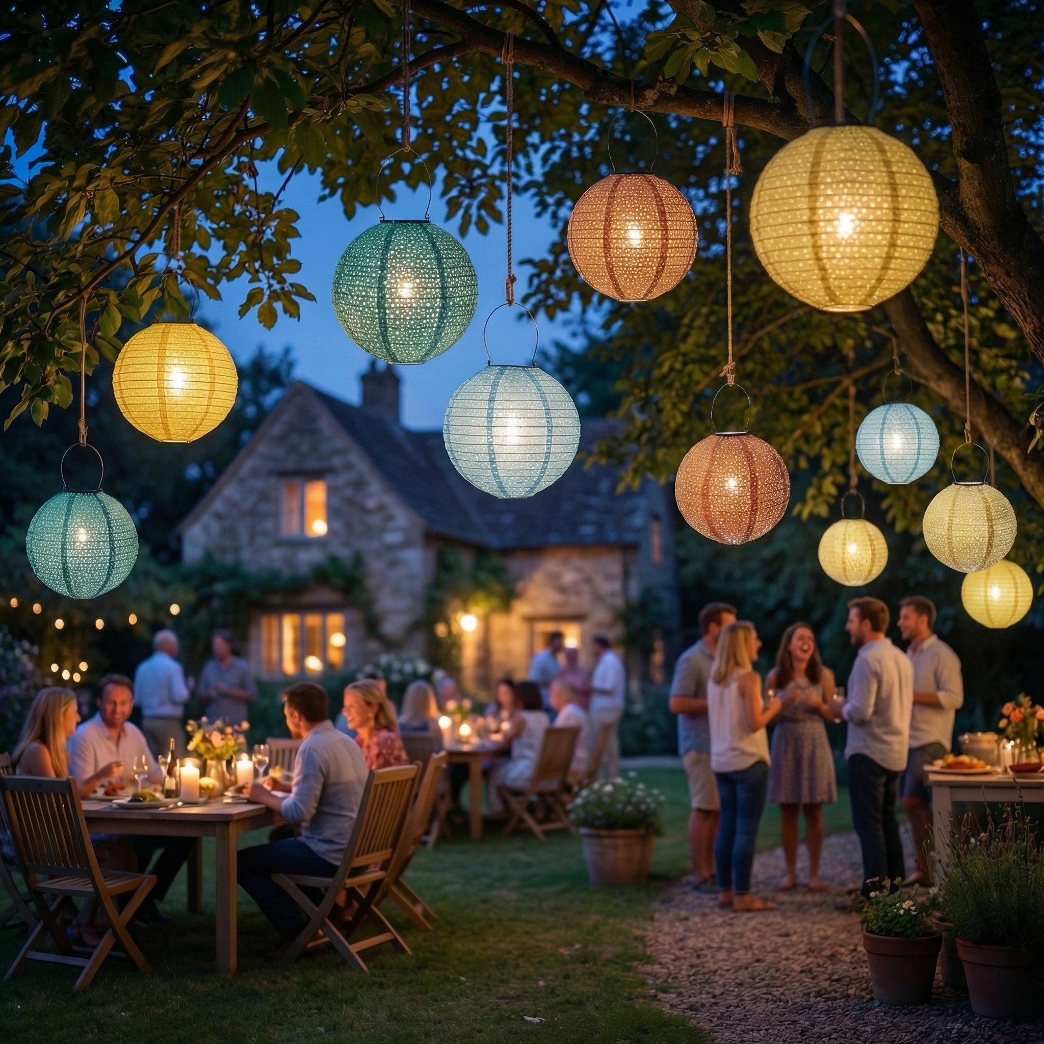 LED Solar Lampion - mit Blumenmuster - warmweiße LED - H: 25cm - D: 25cm - Lichtsensor - gelb