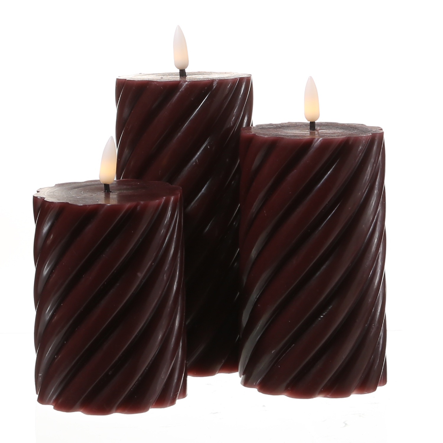 LED Stumpenkerze SWIRL - Echtwachs - warmweiße 3D Flamme - H: 17,5cm - Batterie - Timer - weinrot LED Stumpenkerze SWIRL - Echtwachs - warmweiße 3D Flamme - H: 17,5cm - Batterie - Timer - weinrot