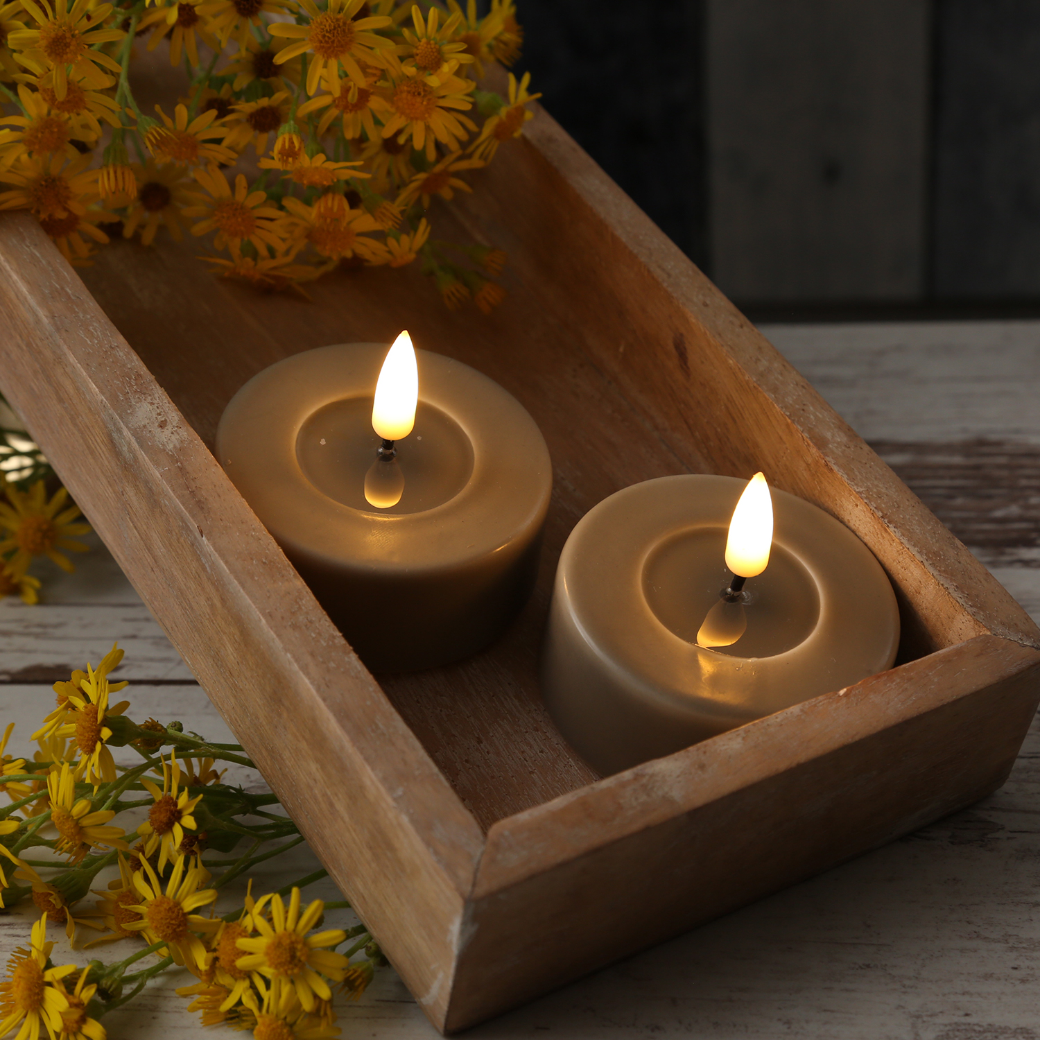 LED Teelichter MIA - Kunststoff - realistische 3D Flamme - D: 6,1cm - sand/taupe - 2 Stk. LED Teelichter MIA - Kunststoff - realistische 3D Flamme - D: 6,1cm - sand/taupe - 2 Stk.